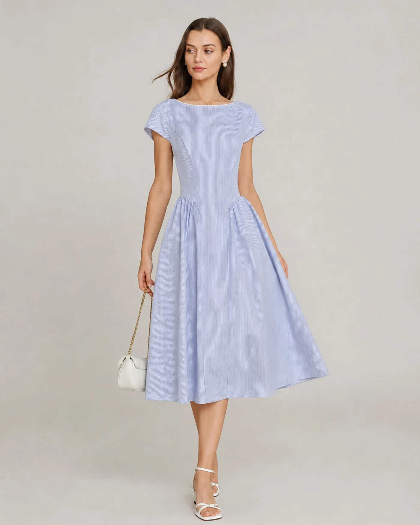 Blue Boat Neck Shirred Midi Dress - Image 3