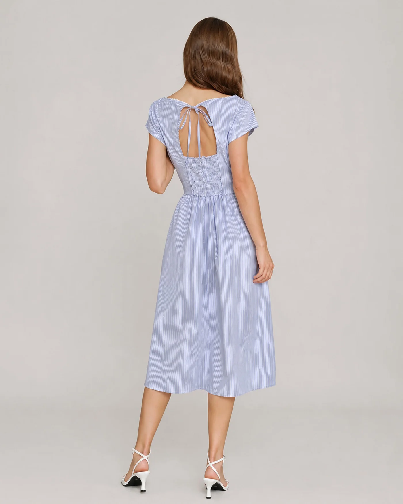 Blue Boat Neck Shirred Midi Dress - Image 4