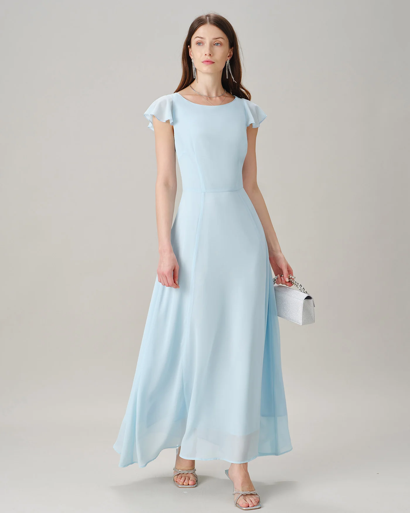 Blue Boat Neck Slit Chiffon Maxi Dress - Image 3