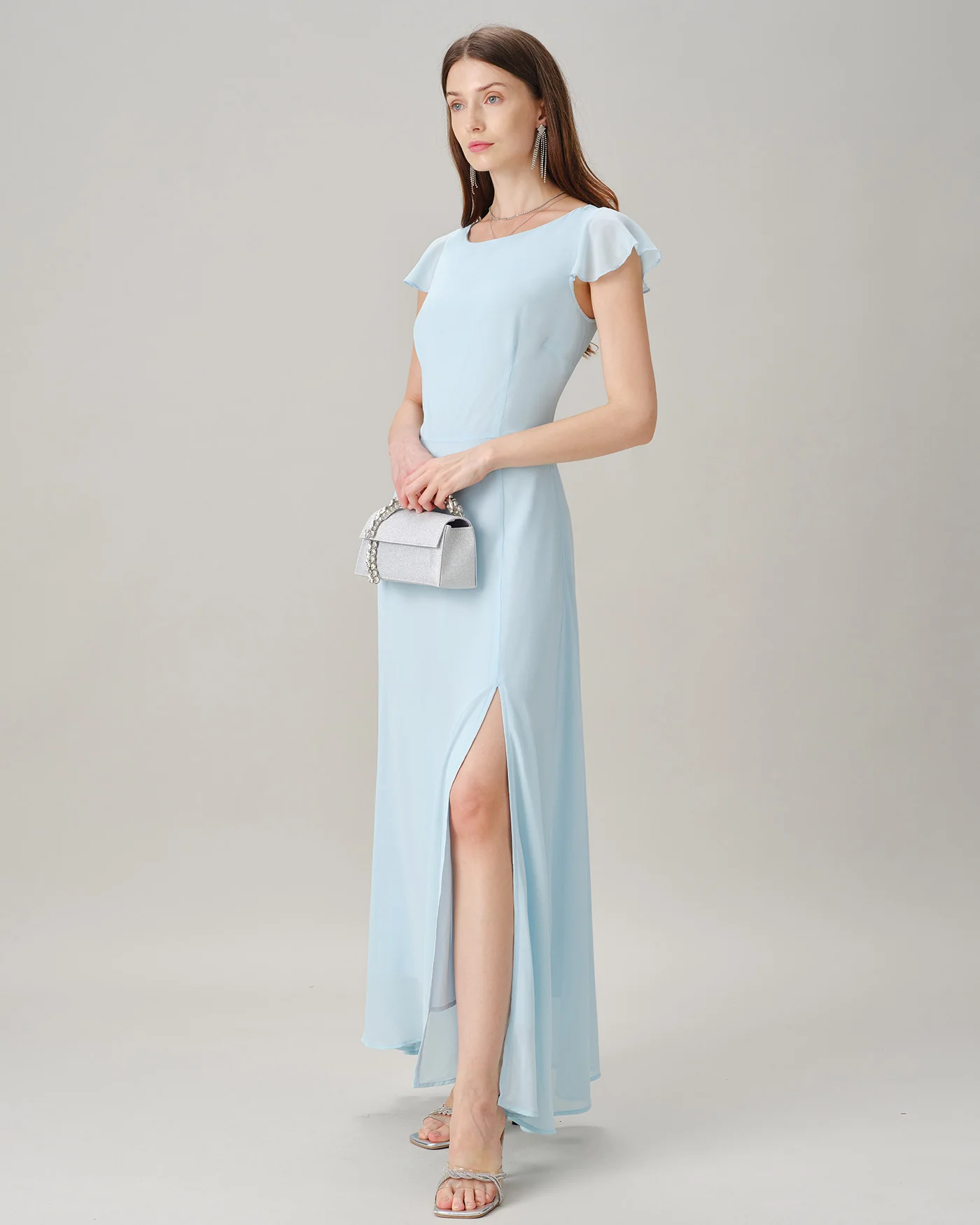 Blue Boat Neck Slit Chiffon Maxi Dress - Image 4