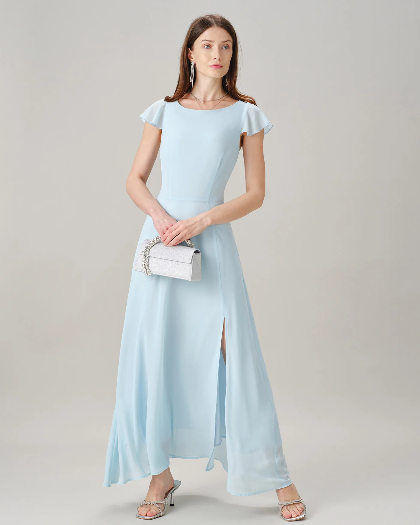 Blue Boat Neck Slit Chiffon Maxi Dress - Image 5