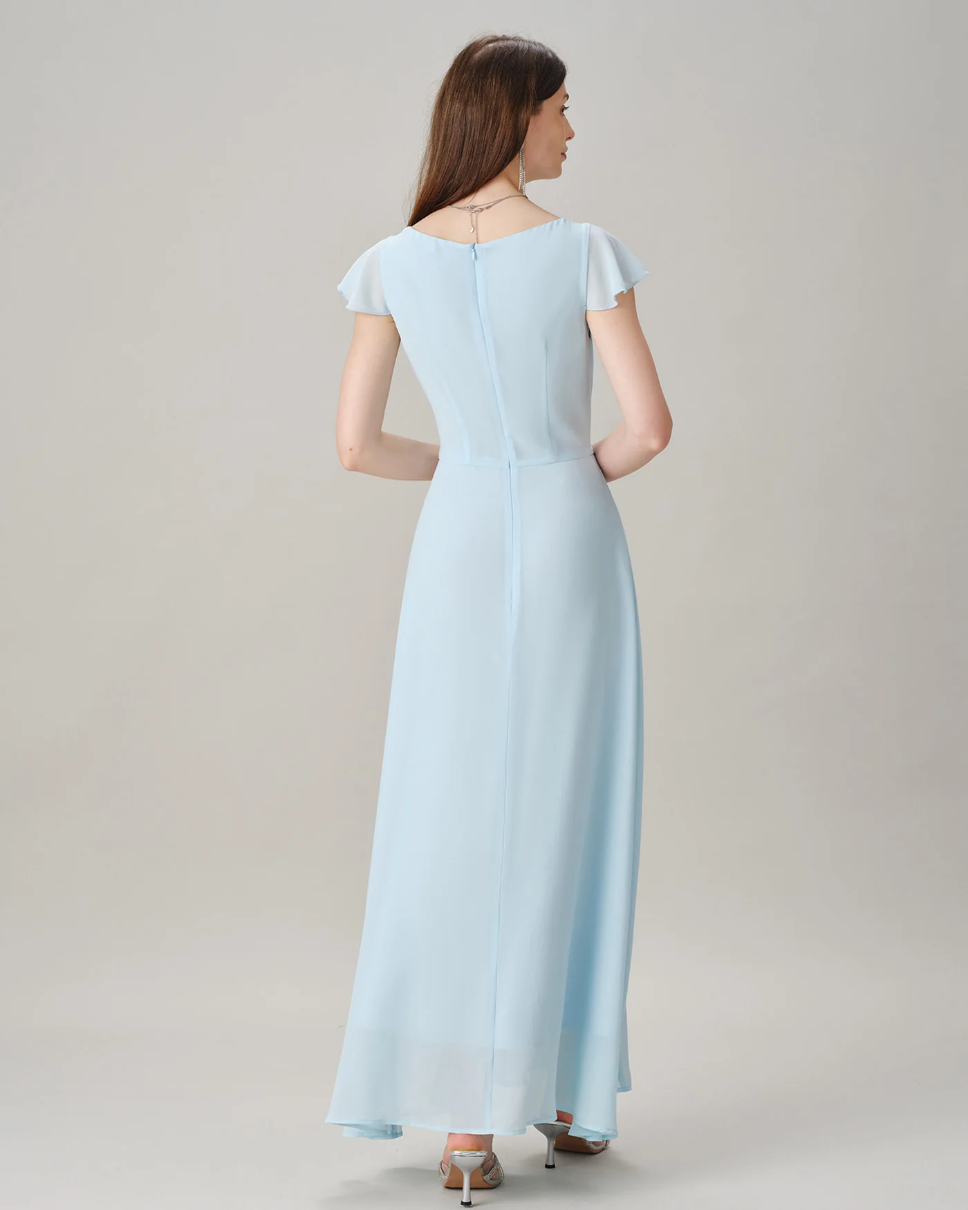 Blue Boat Neck Slit Chiffon Maxi Dress - Image 6