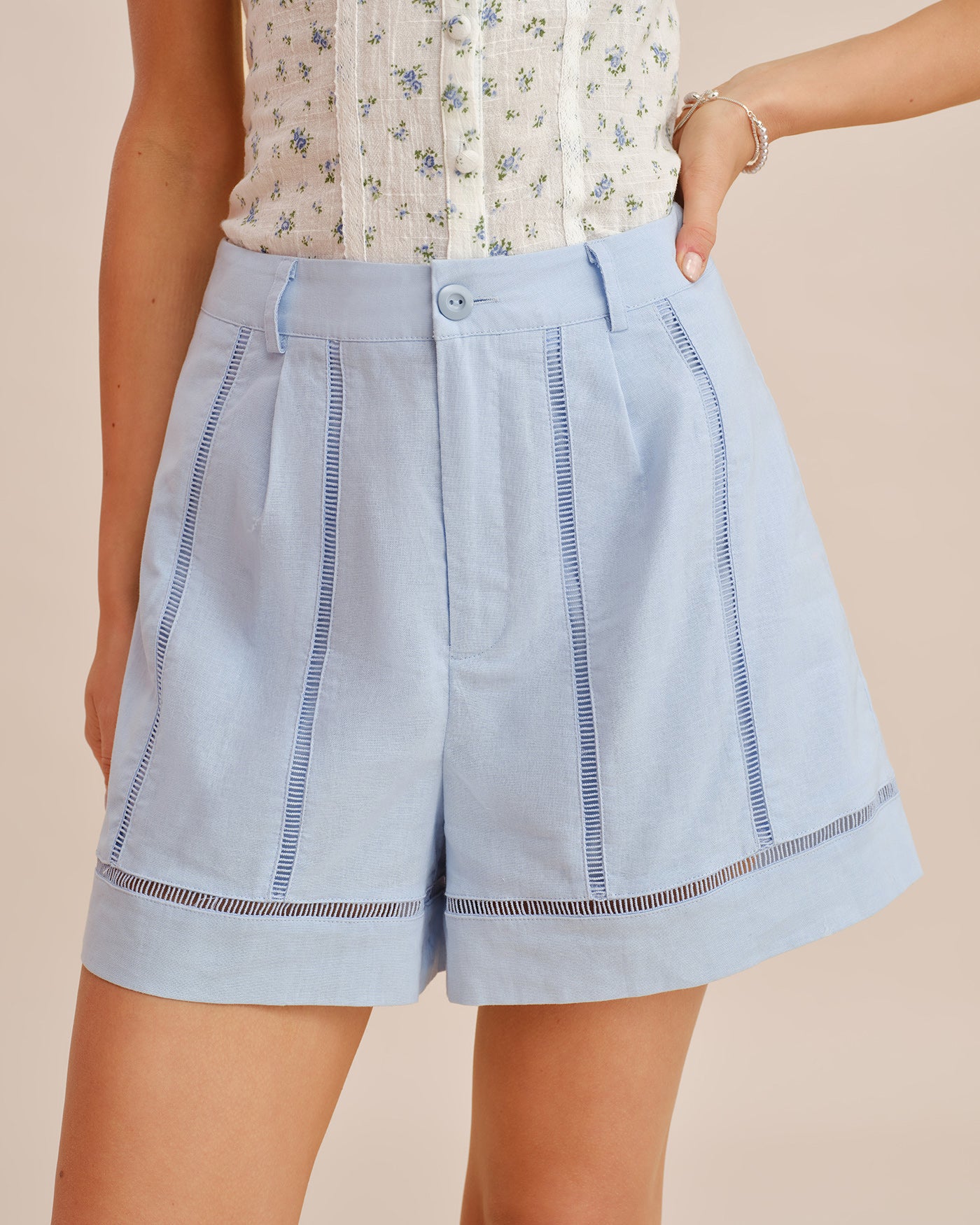 Blue Button Cut Out Zipper Shorts - Image 3