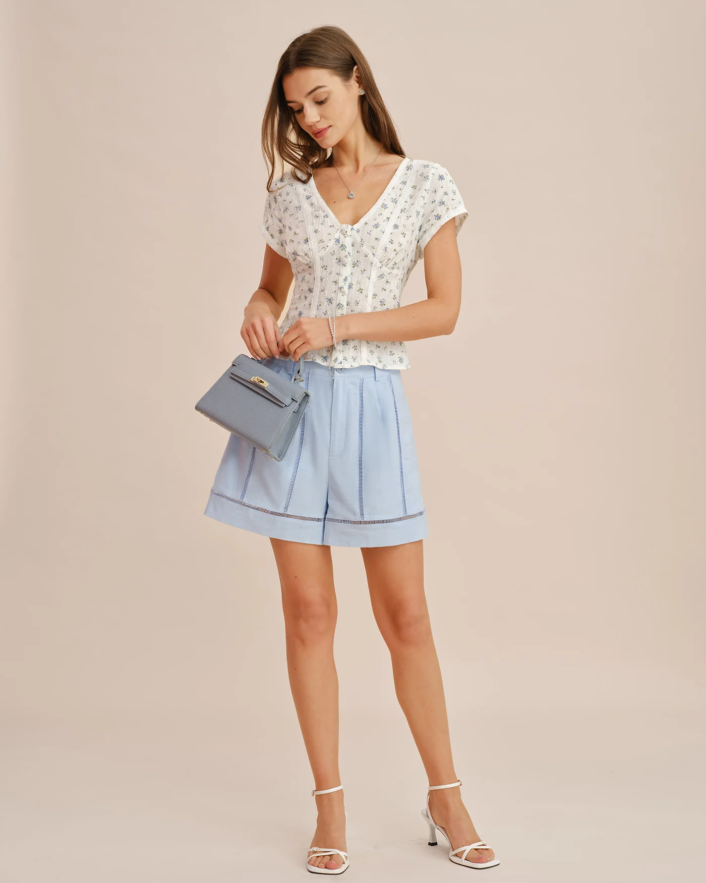 Blue Button Cut Out Zipper Shorts - Image 5