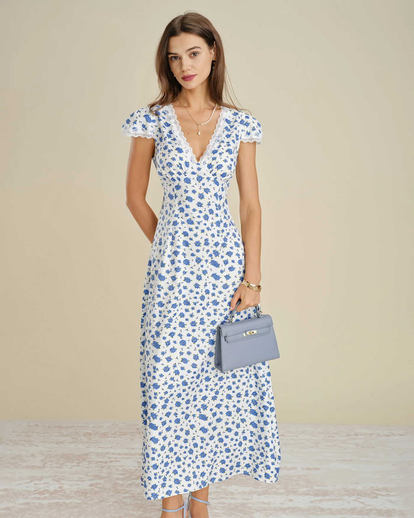 Blue Cap Sleeve Lace Floral Maxi Dress