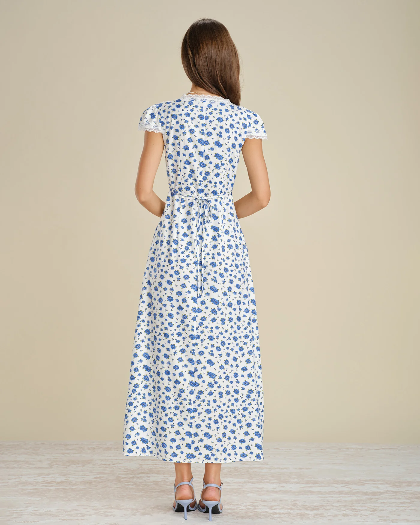 Blue Cap Sleeve Lace Floral Maxi Dress - Image 6