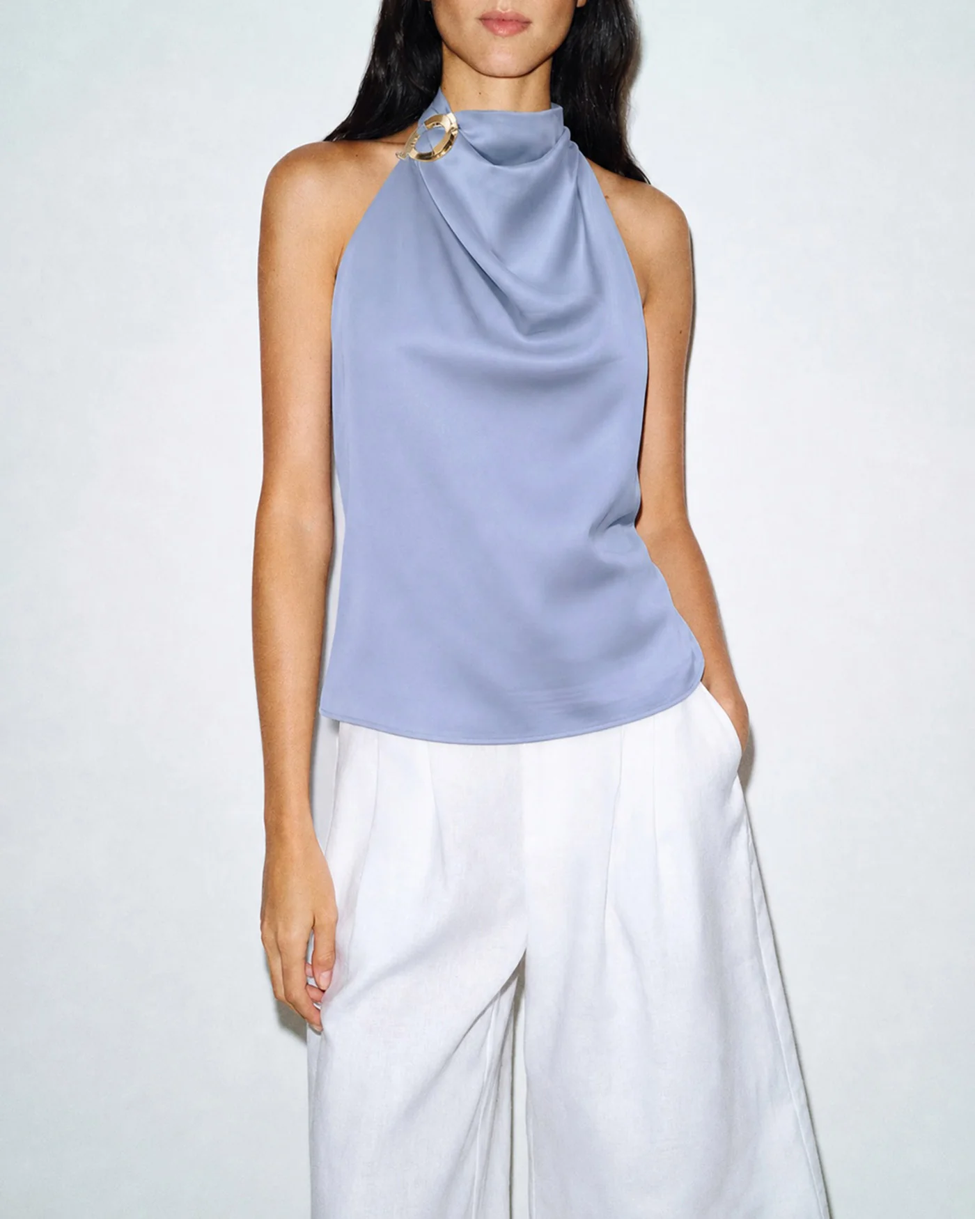 Blue Cowl Neck Button Tank Top - Image 2