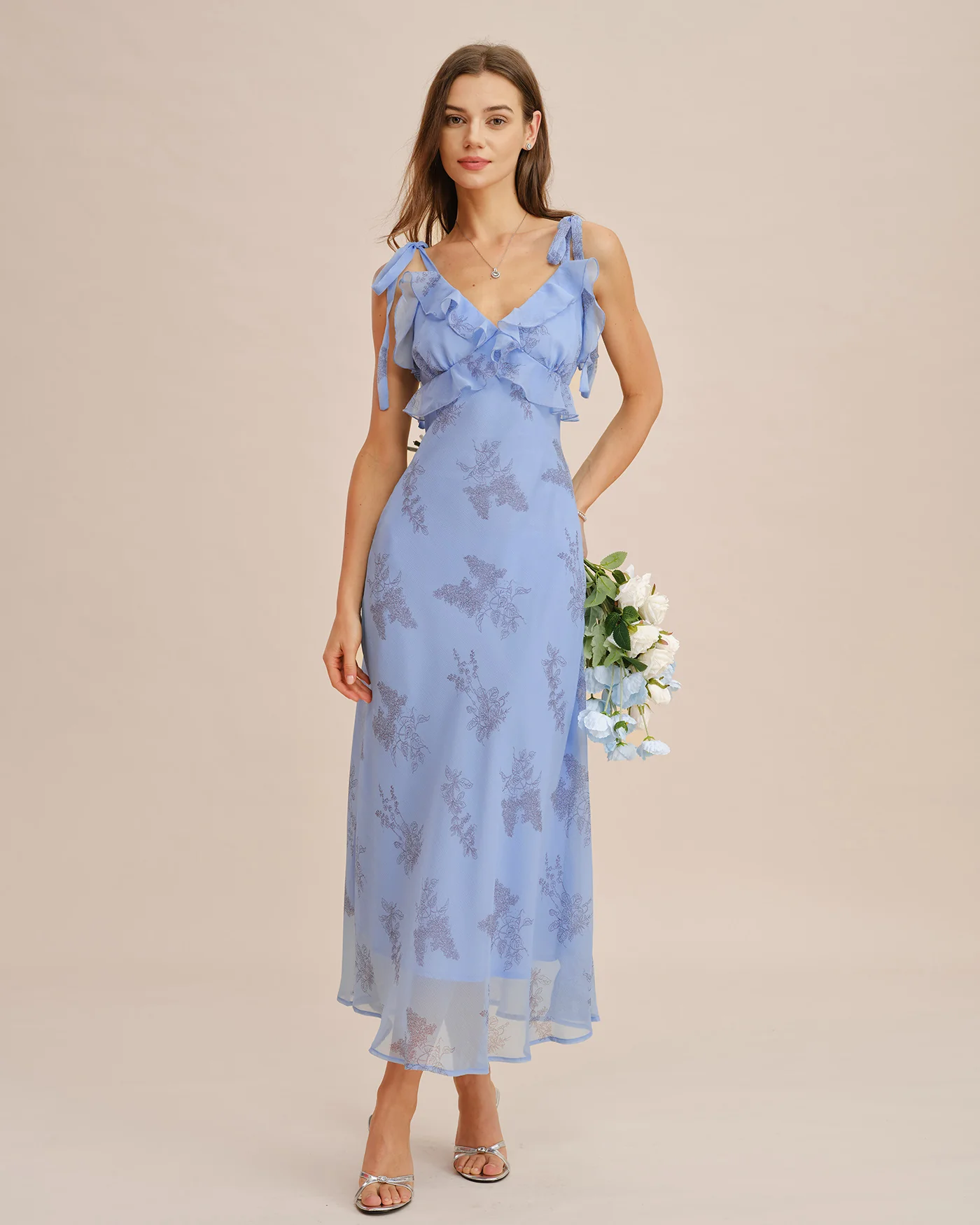 Blue Floral Ruffle Tie Strap Maxi Dress - Image 3