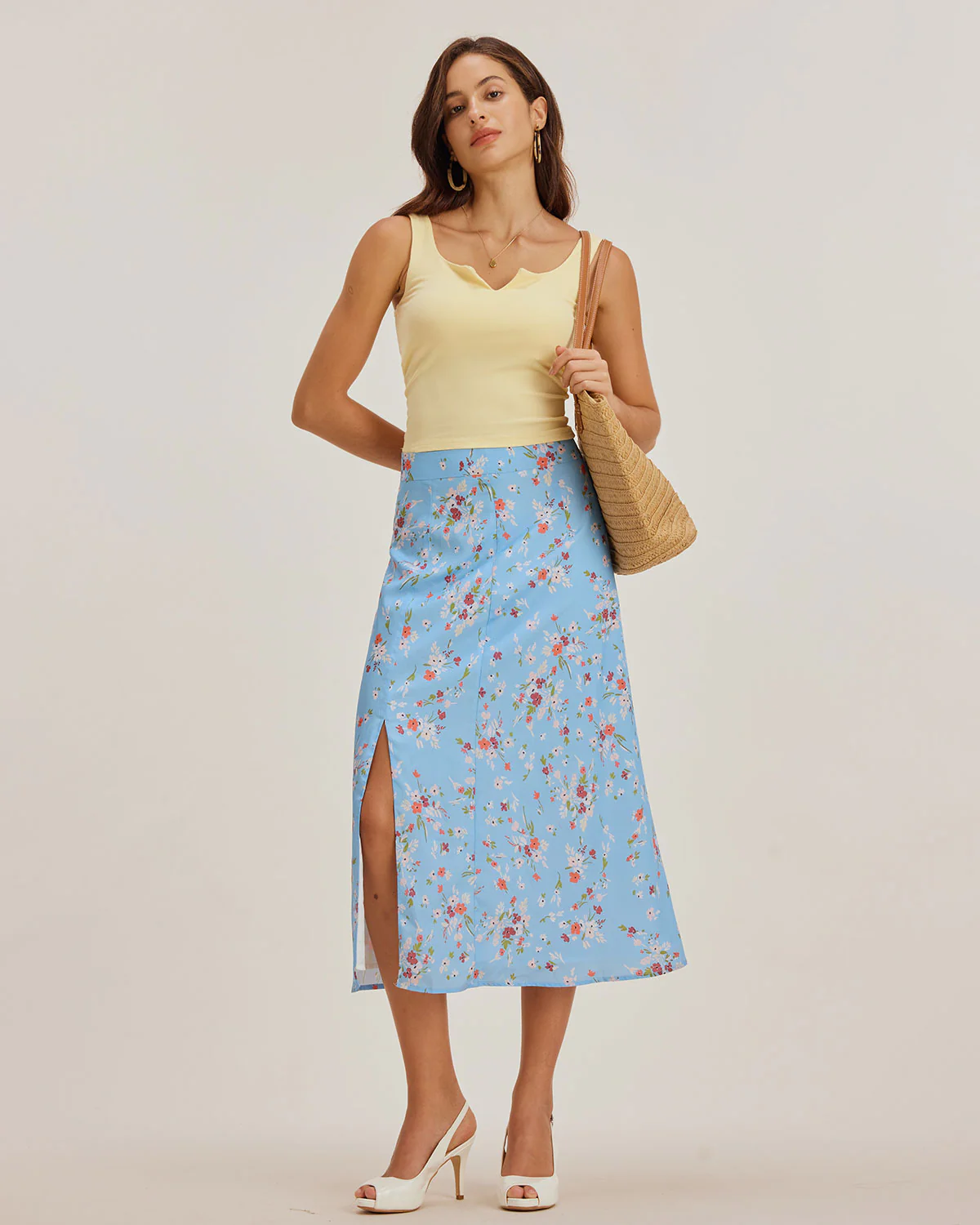 Blue Floral Slit A-Line Midi Skirt - Image 2