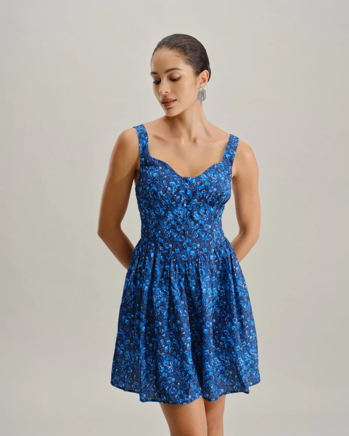 Blue Floral U-Neck Shirred Mini Dress - Image 2