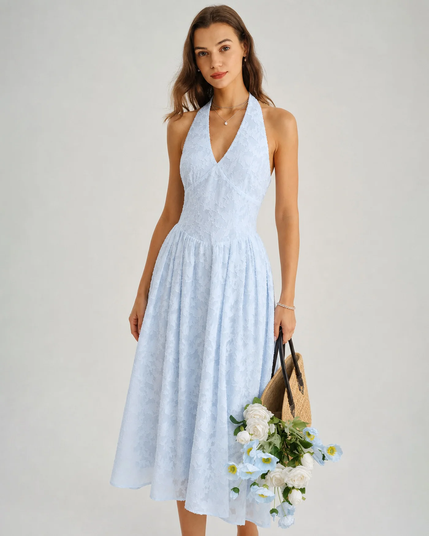Blue Halter Tie Jacquard Midi Dress - Image 4
