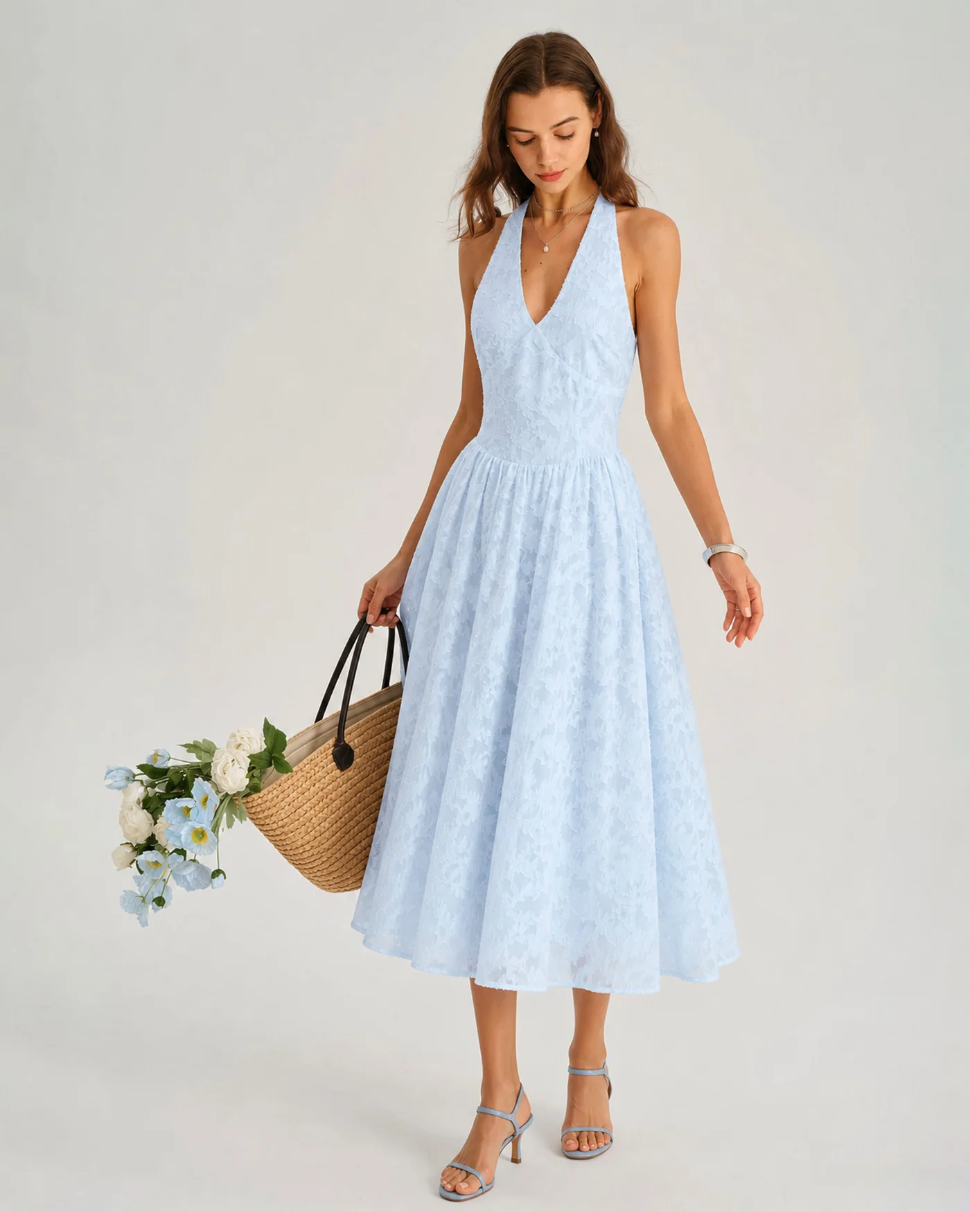 Blue Halter Tie Jacquard Midi Dress - Image 5