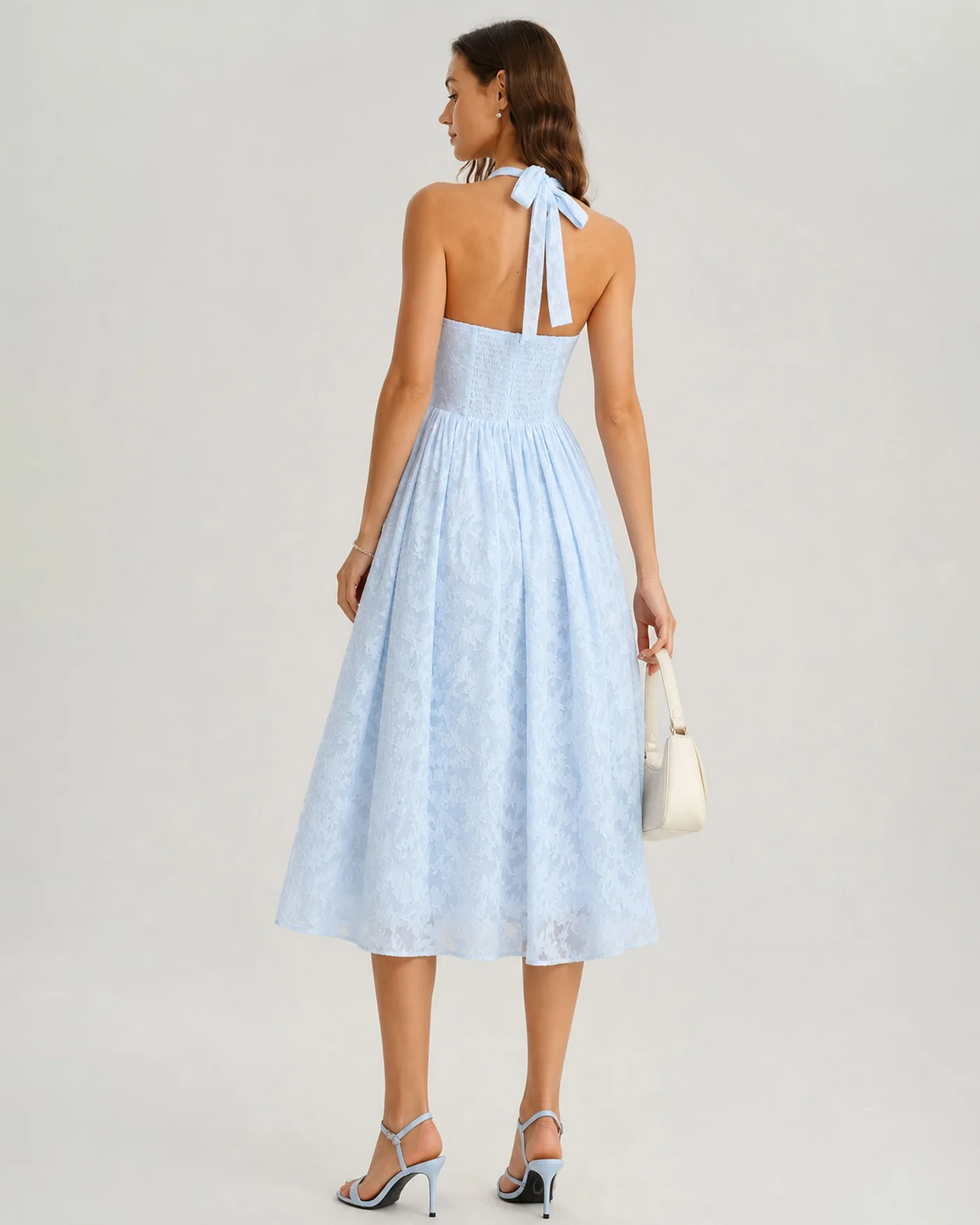 Blue Halter Tie Jacquard Midi Dress - Image 6