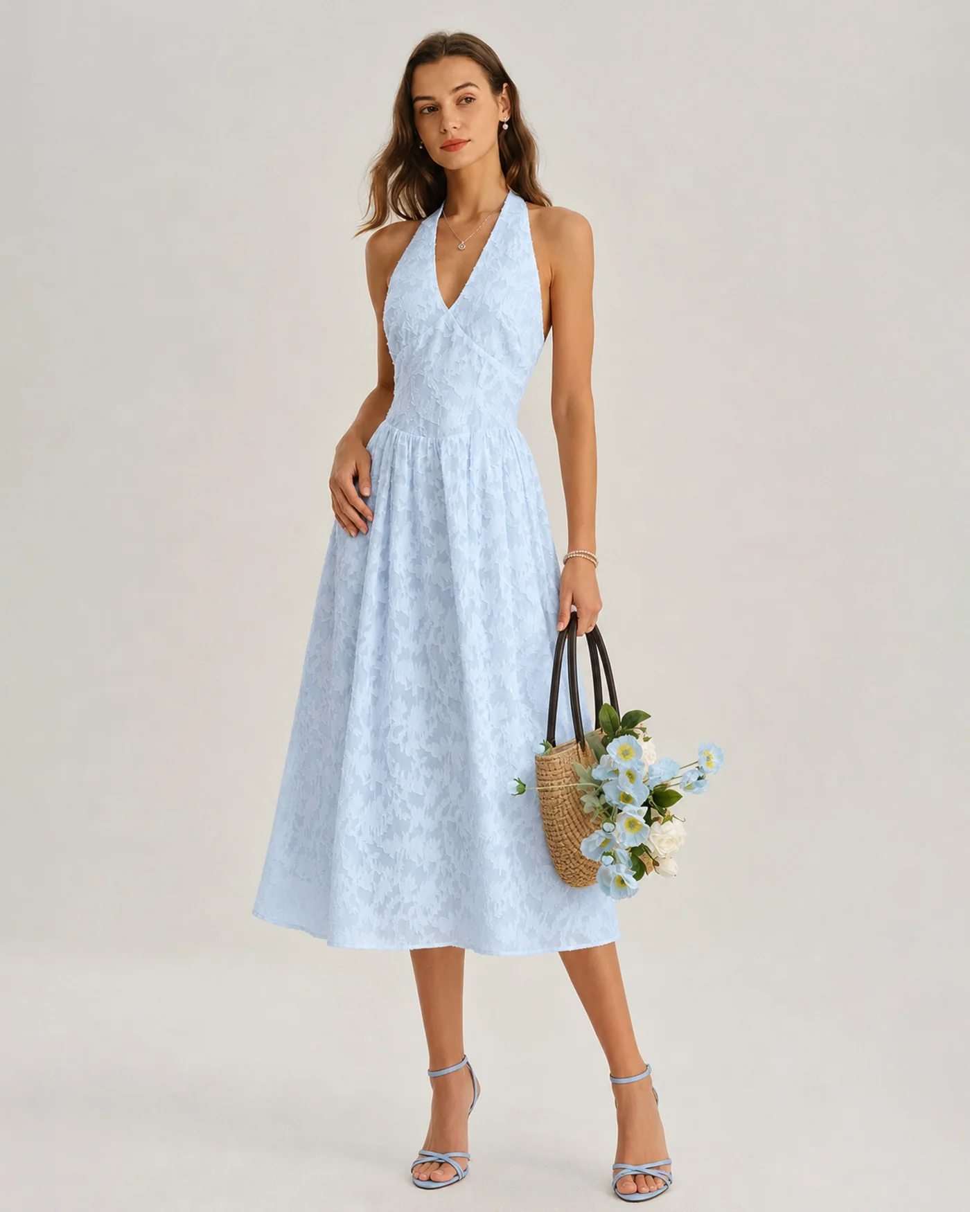 Blue Halter Tie Jacquard Midi Dress - Image 7