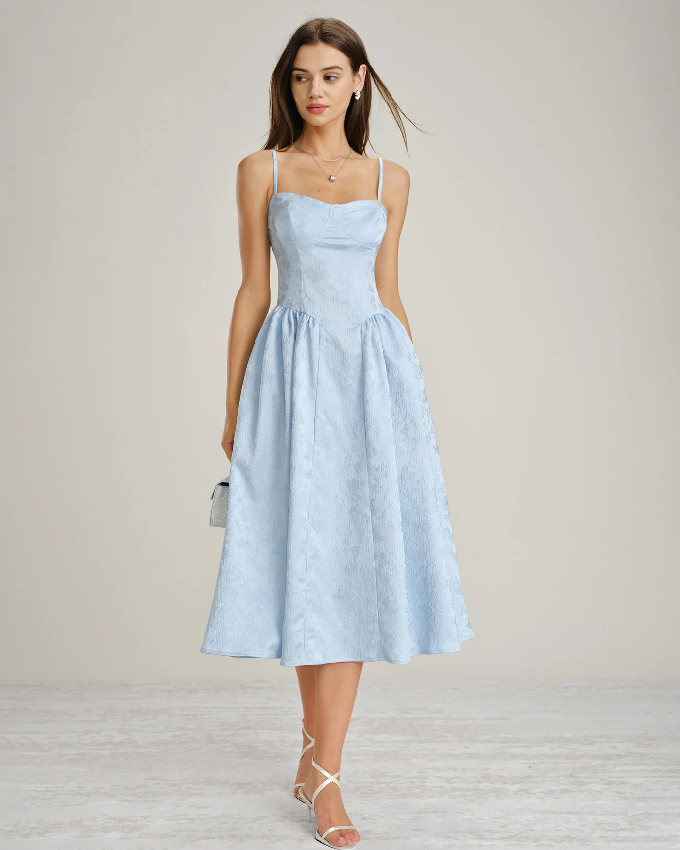 Blue Jacquard Pockets Slip Midi Dress - Image 2