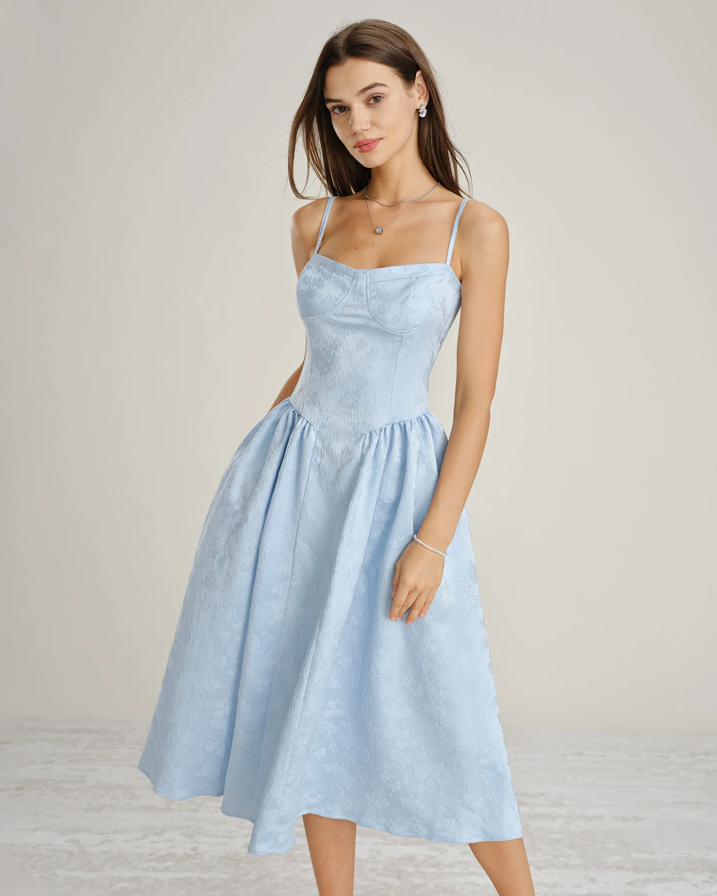 Blue Jacquard Pockets Slip Midi Dress - Image 5