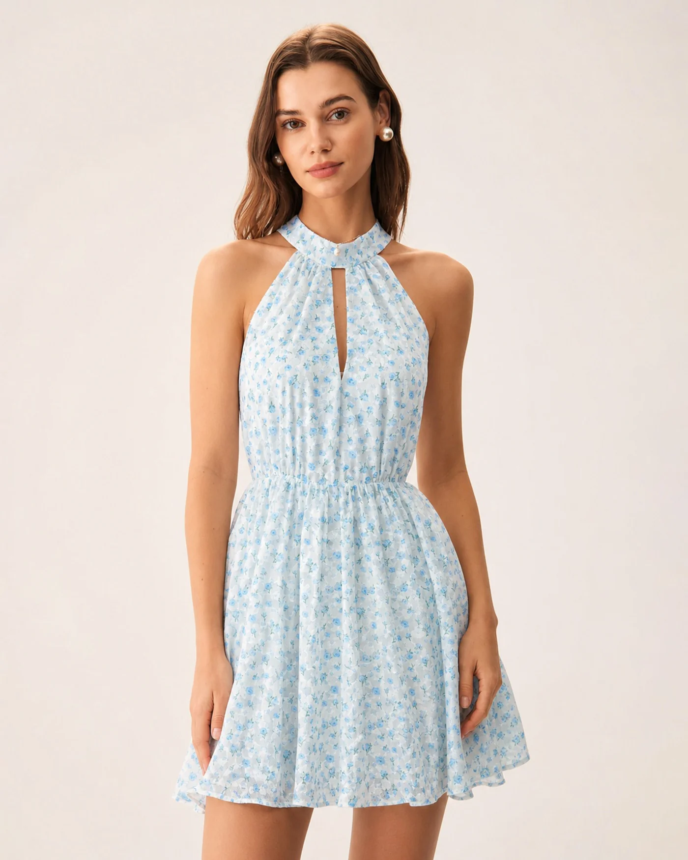 Blue Mock Neck Cut Out Floral Mini Dress - Image 4