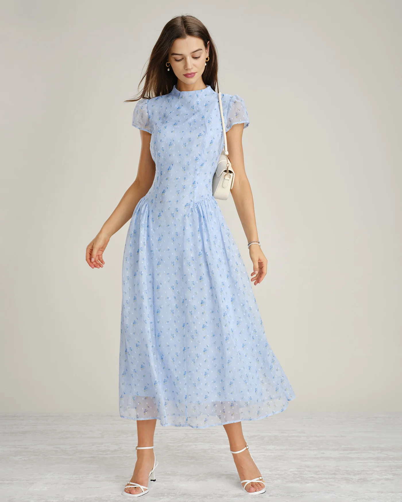 Blue Mock Neck Floral Chiffon Maxi Dress