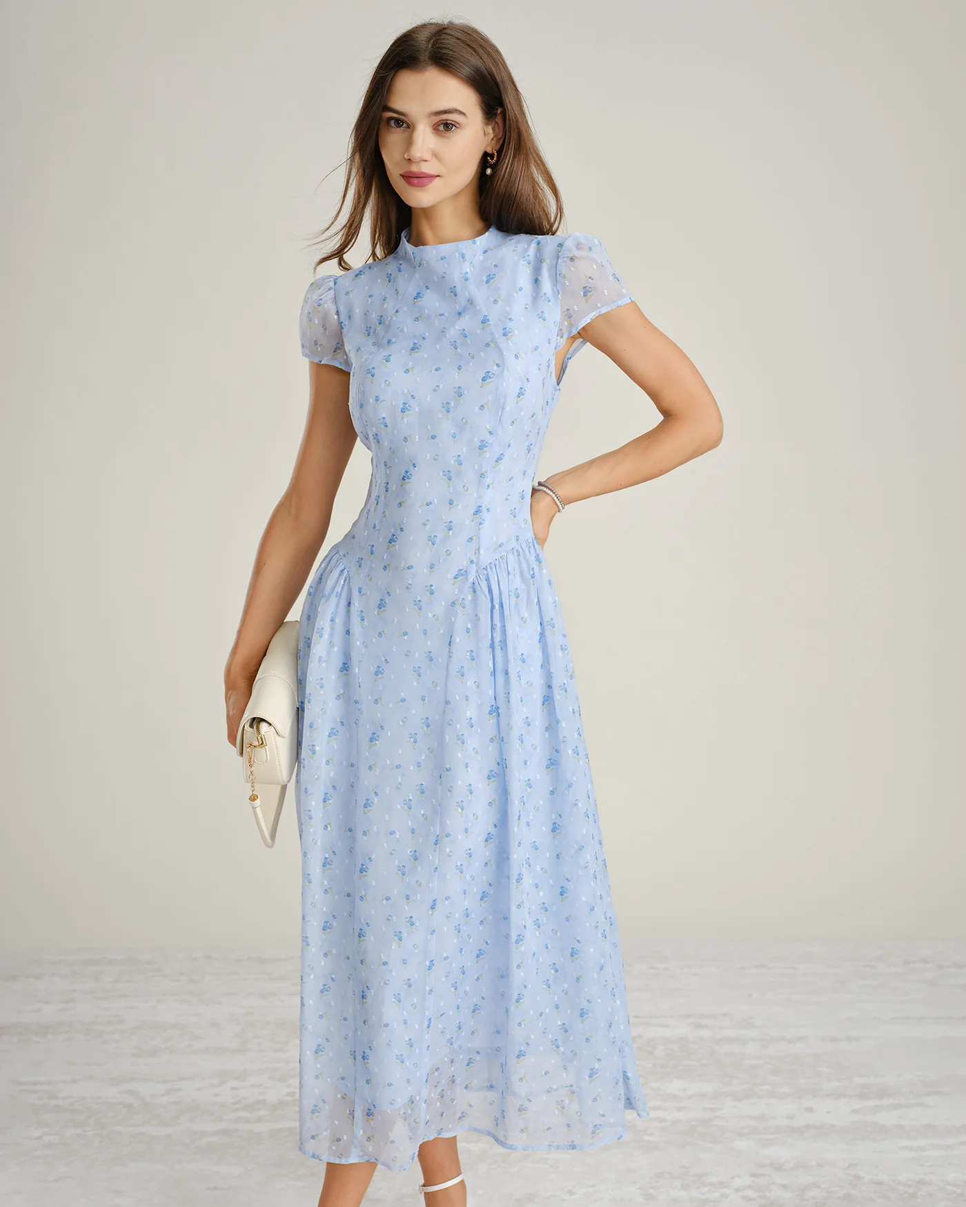 Blue Mock Neck Floral Chiffon Maxi Dress - Image 3