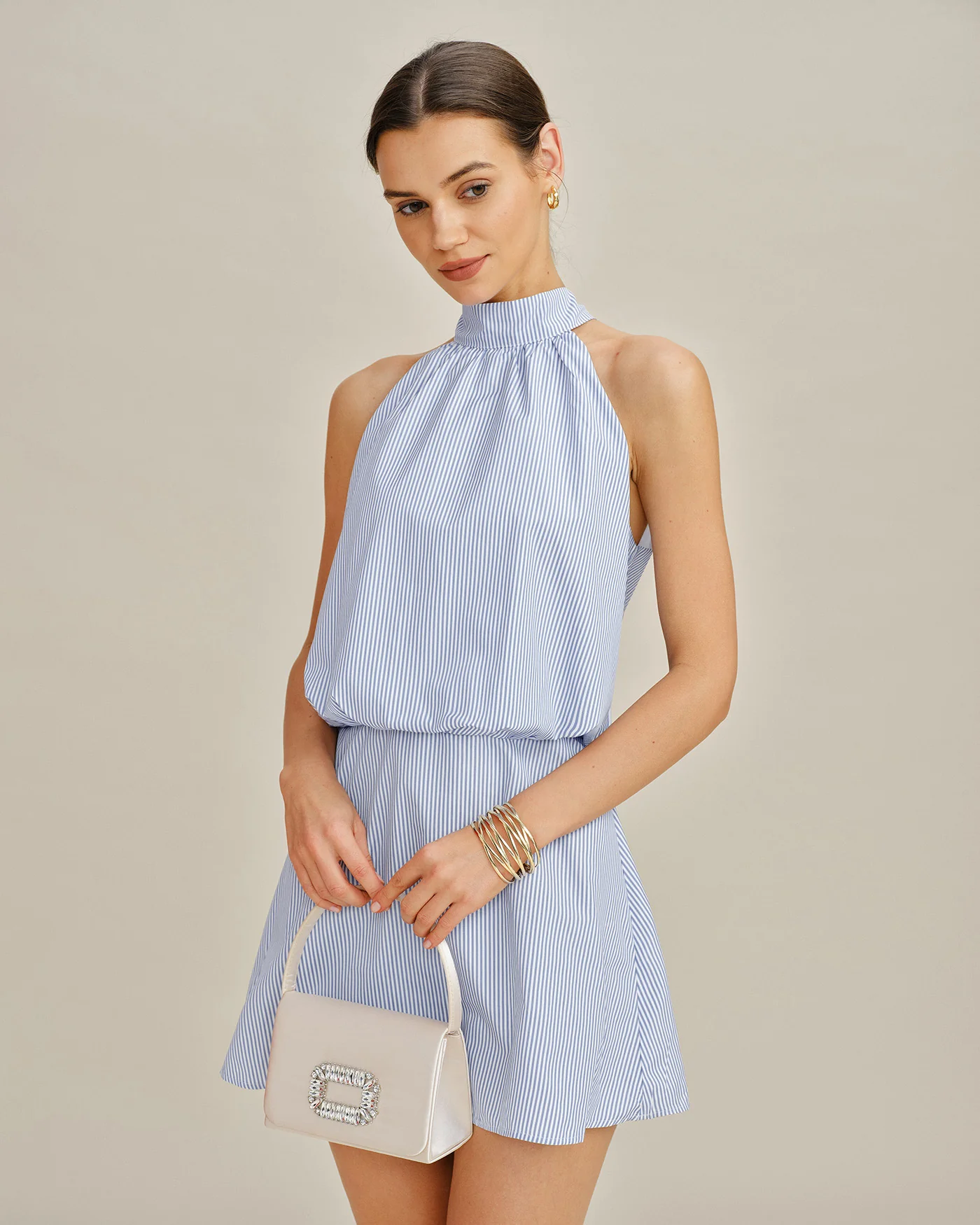 Blue Mock Neck Tie Striped Mini Dress