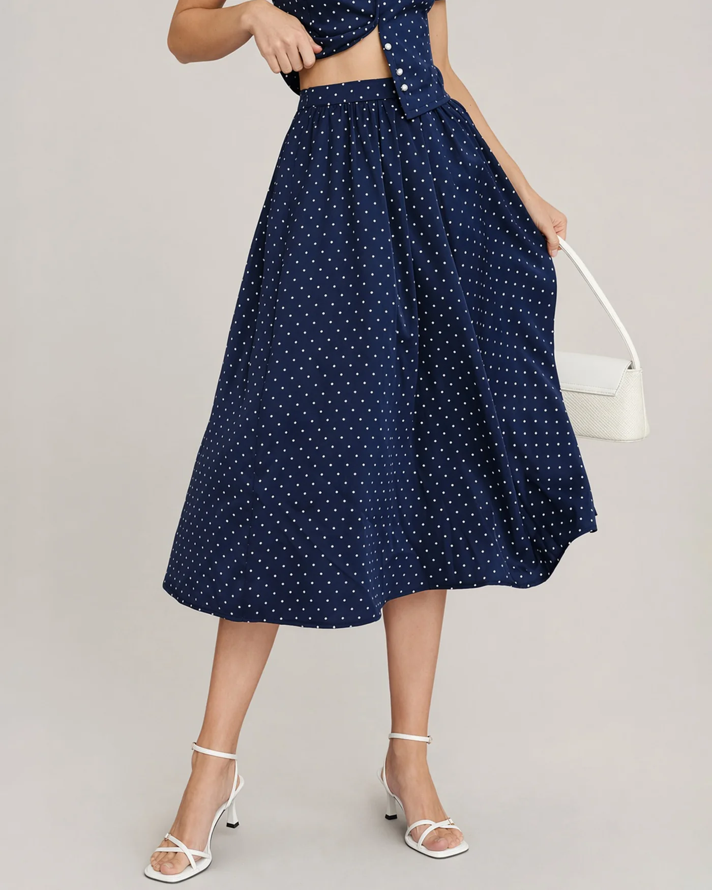 Blue Polka Dot Pockets Midi Skirt