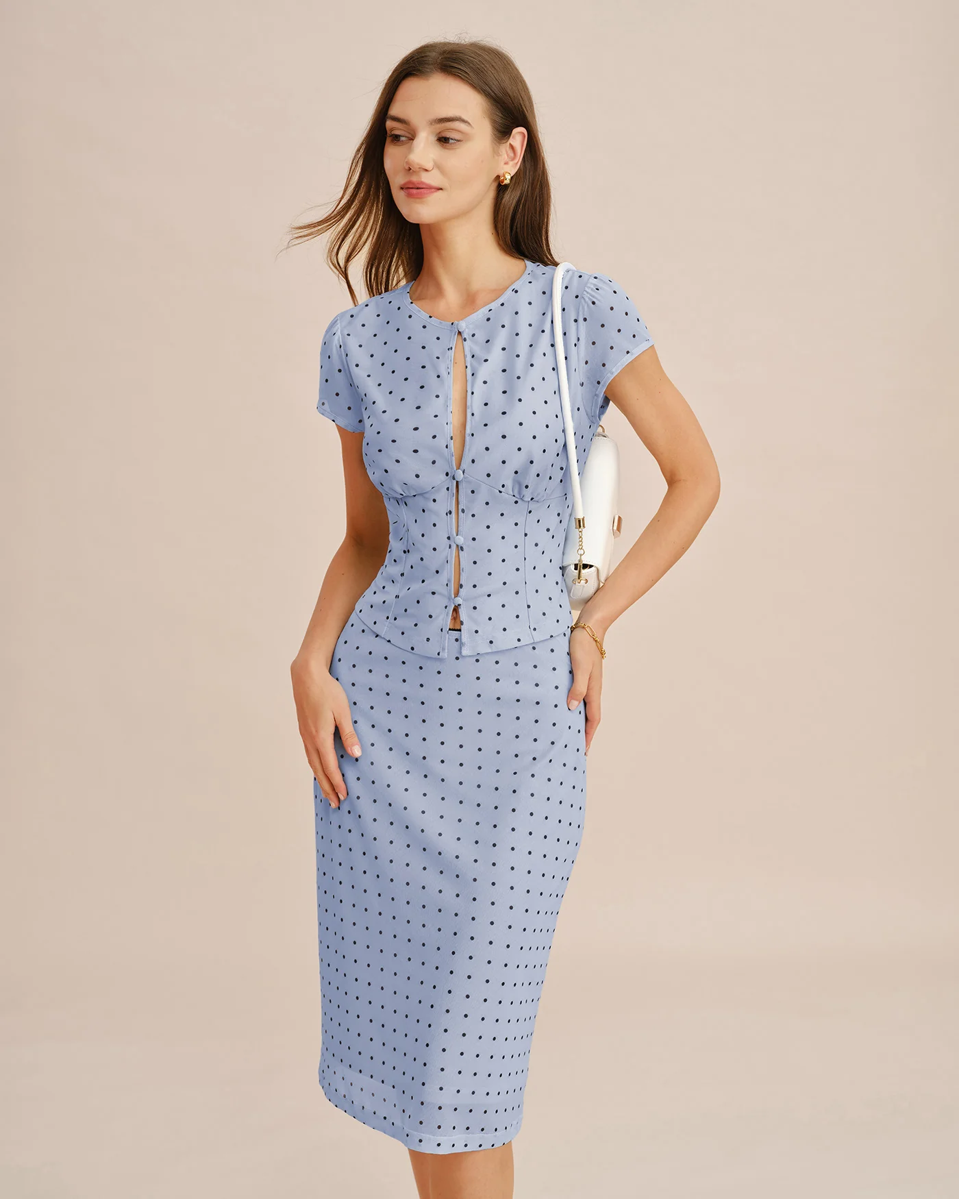 Blue Polka Dot Splicing A-Line Skirt - Image 3