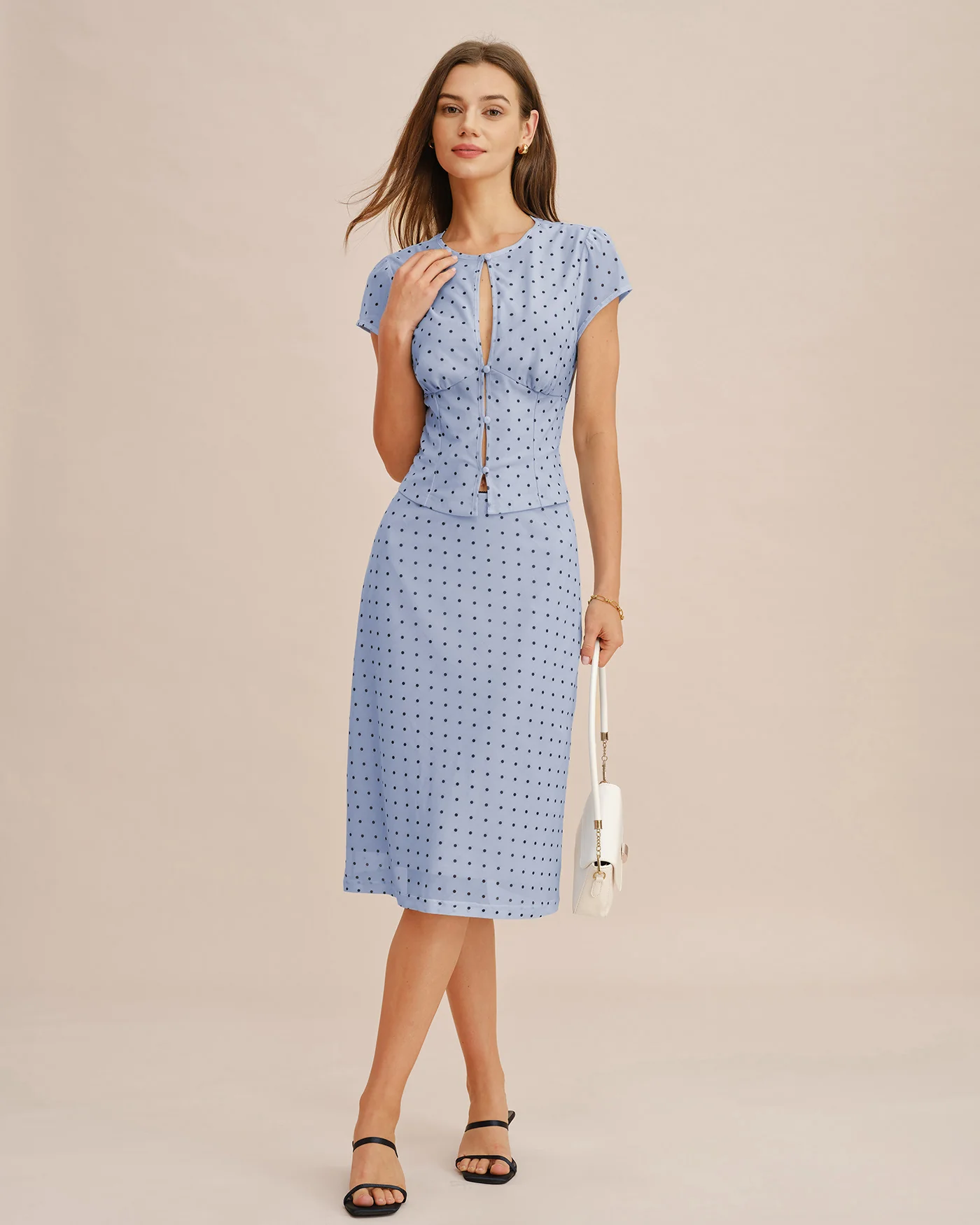 Blue Polka Dot Splicing A-Line Skirt - Image 4