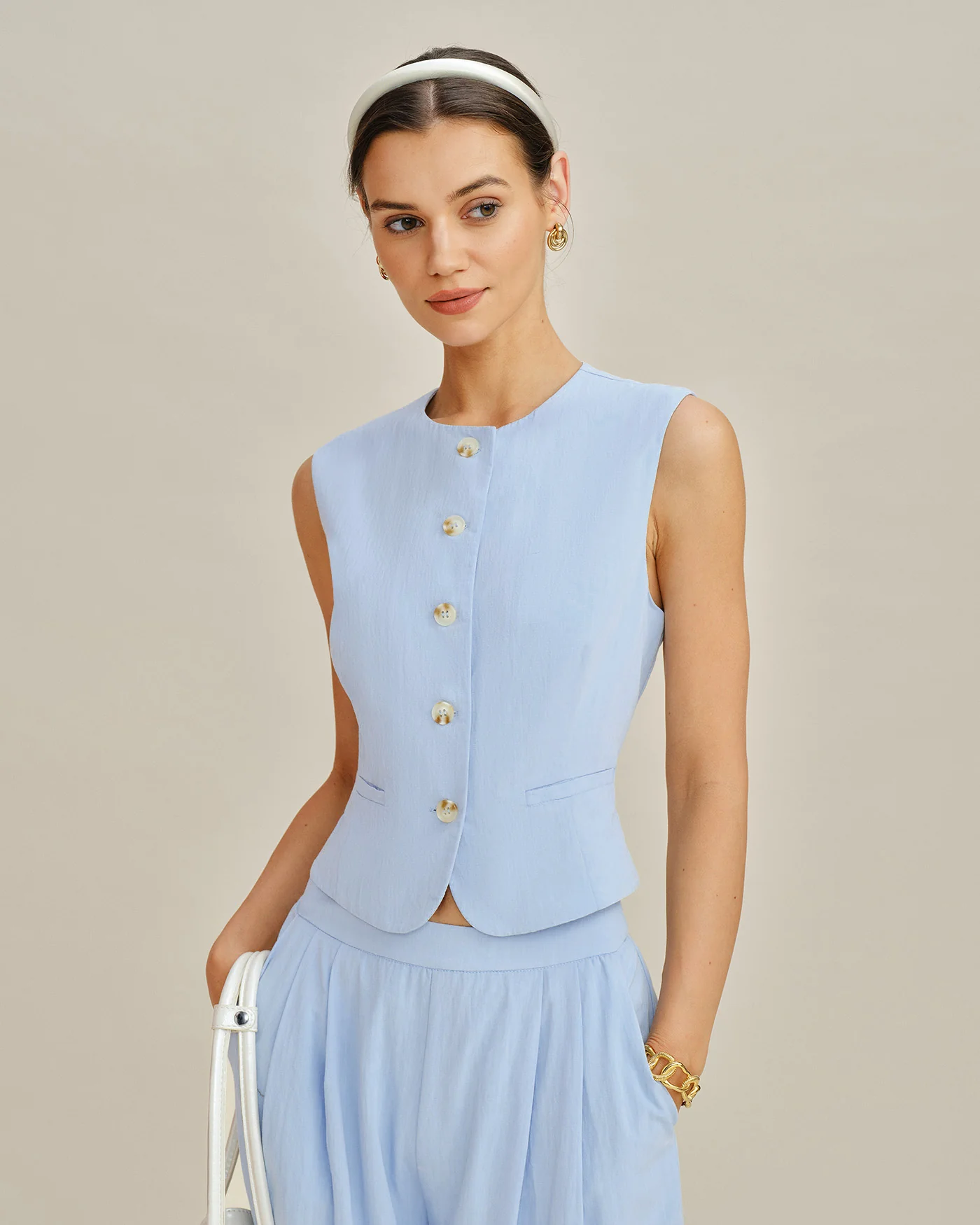 Blue Single Breasted Pockets Vest