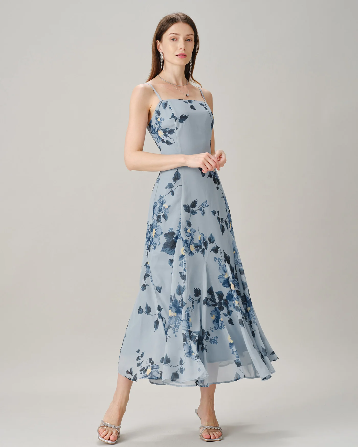 Blue Sleeveless Floral Chiffon Maxi Dress - Image 3