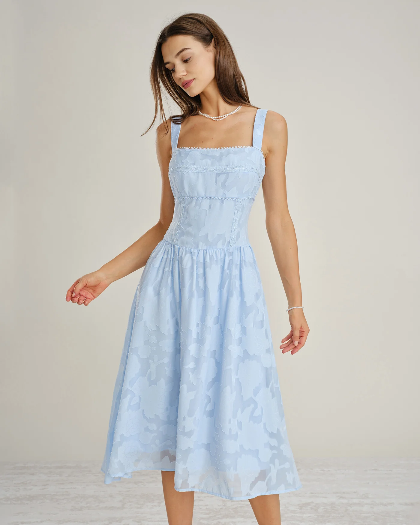 Blue Square Neck Lace Jacquard Midi Dress - Image 4