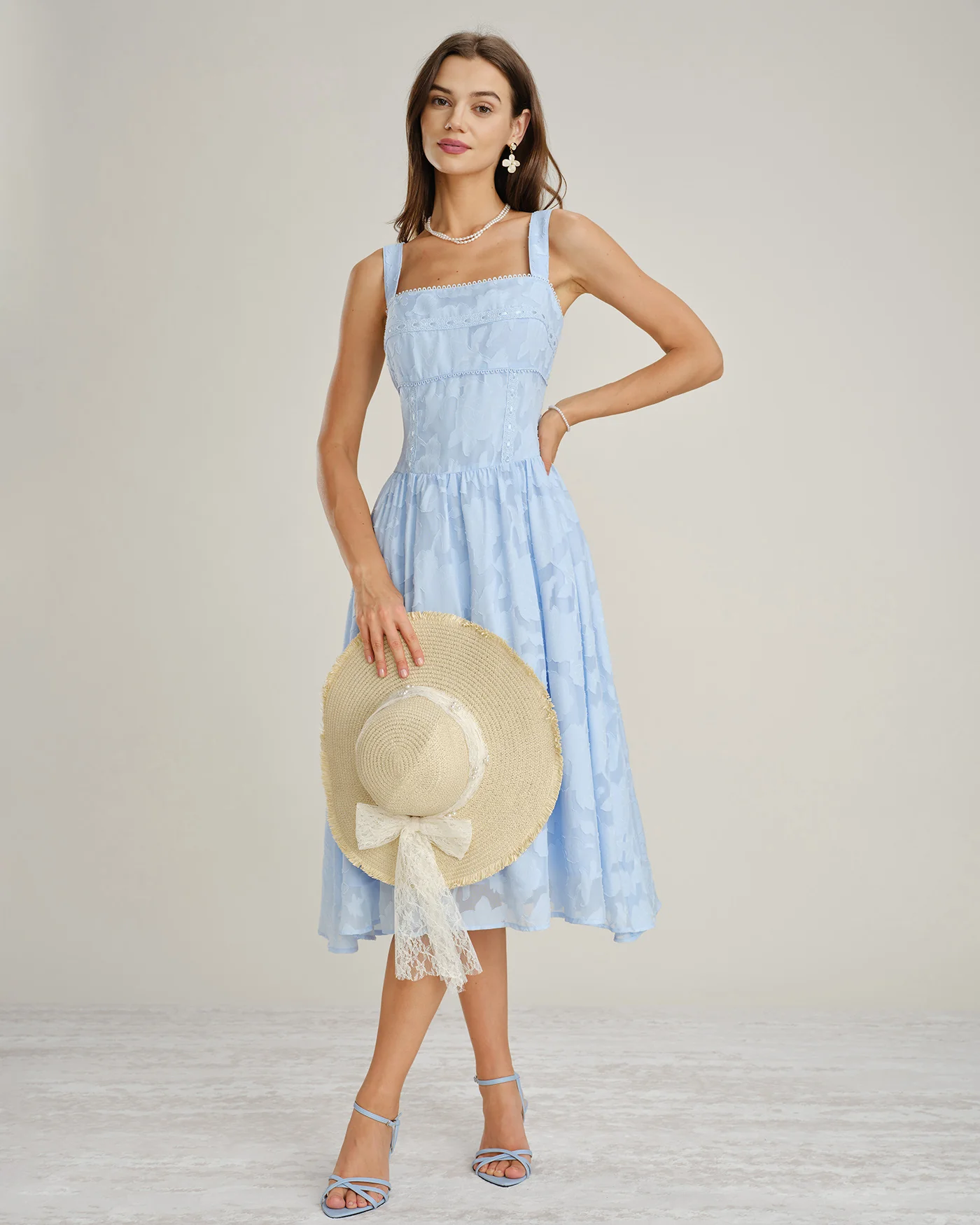 Blue Square Neck Lace Jacquard Midi Dress - Image 6