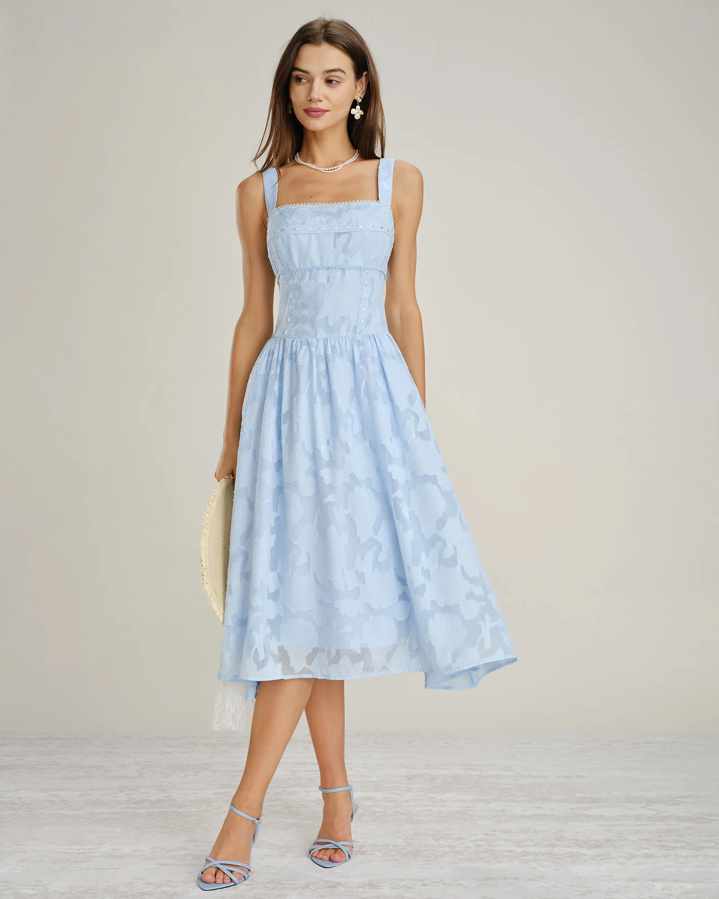 Blue Square Neck Lace Jacquard Midi Dress - Image 7