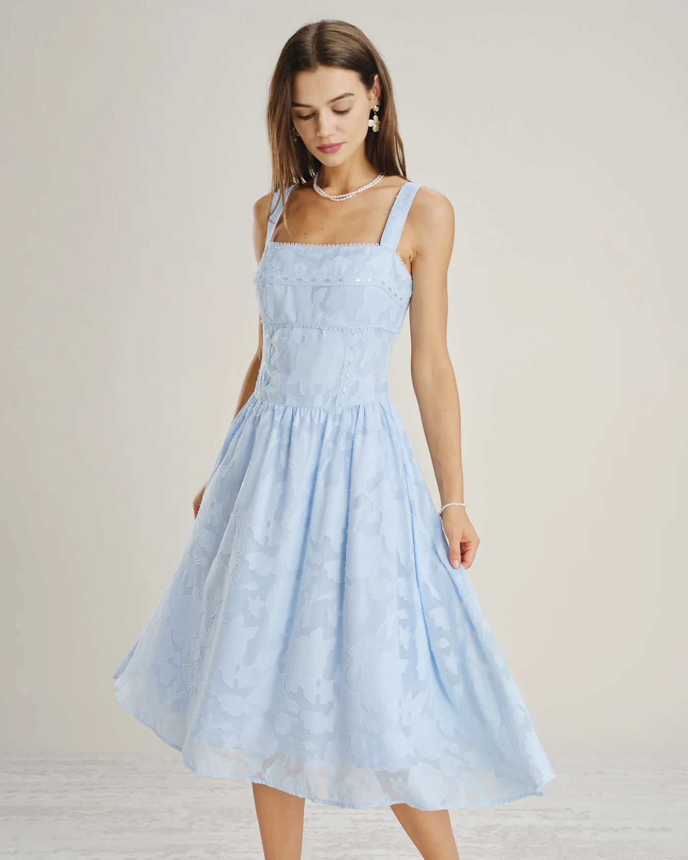 Blue Square Neck Lace Jacquard Midi Dress - Image 8