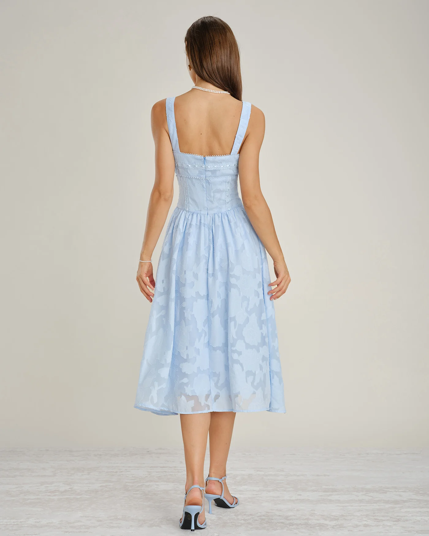 Blue Square Neck Lace Jacquard Midi Dress - Image 9