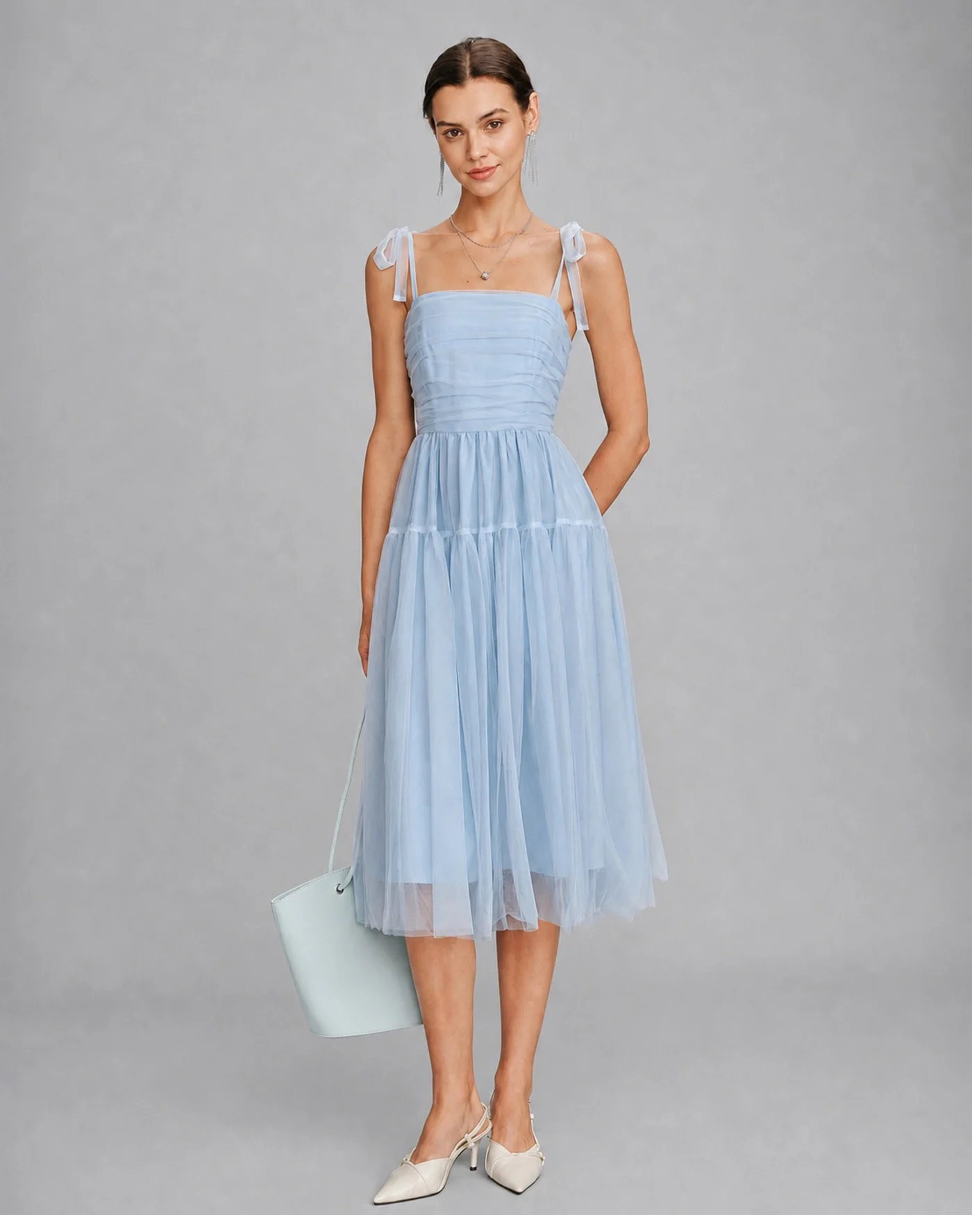 Blue Square Neck Mesh Slip Midi Dress - Image 5