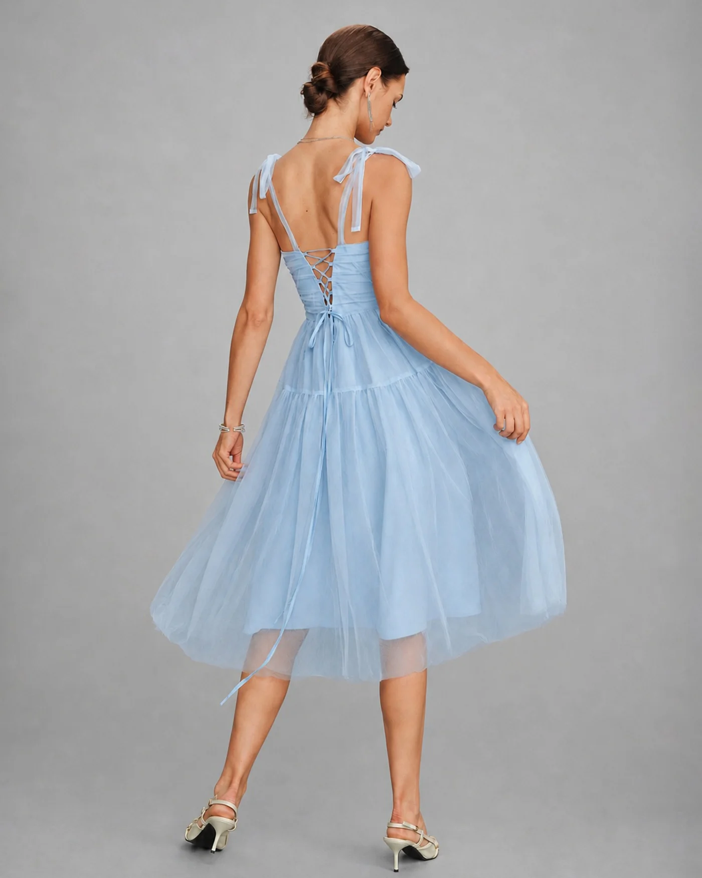 Blue Square Neck Mesh Slip Midi Dress - Image 6