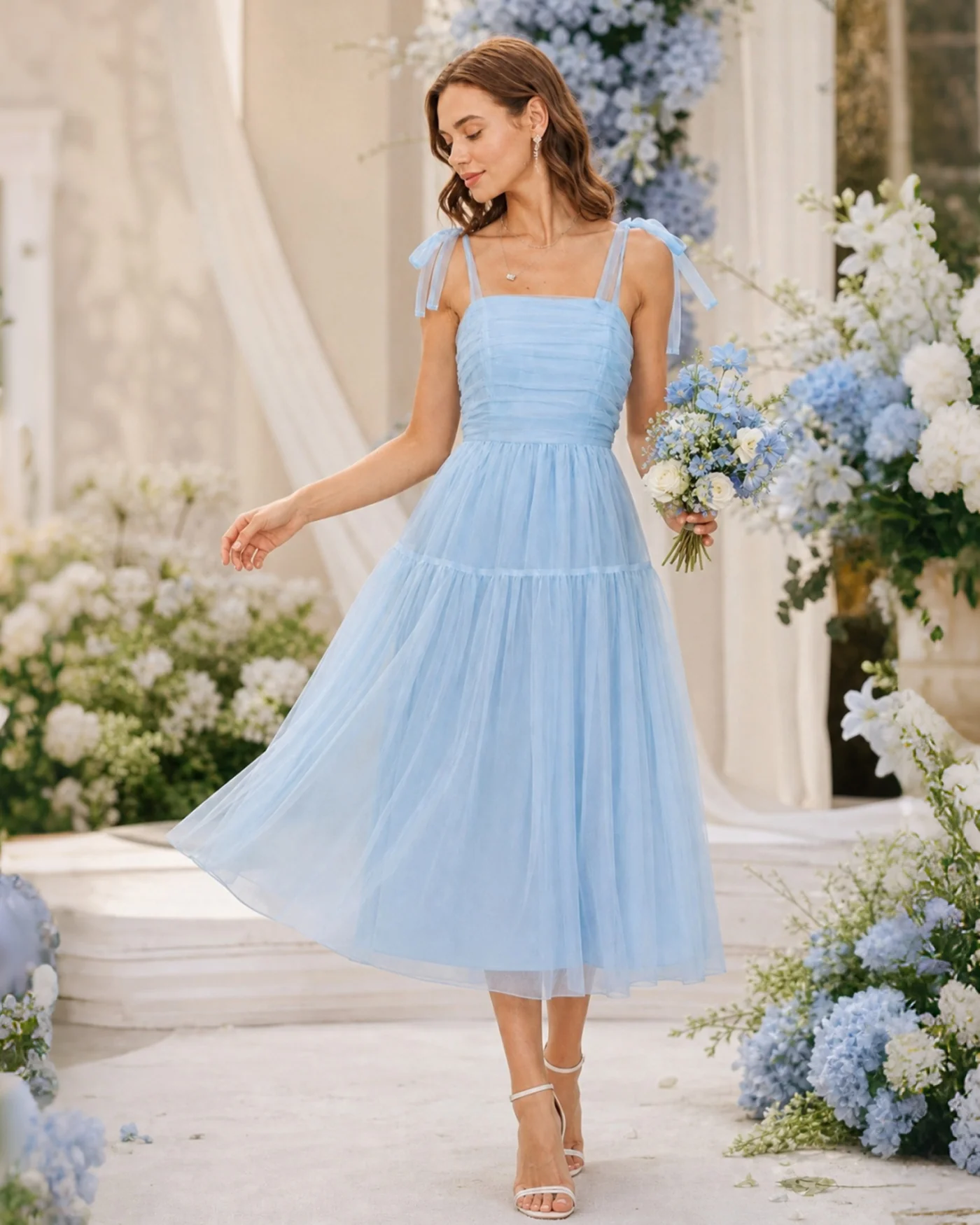 Blue Square Neck Mesh Slip Midi Dress - Image 7