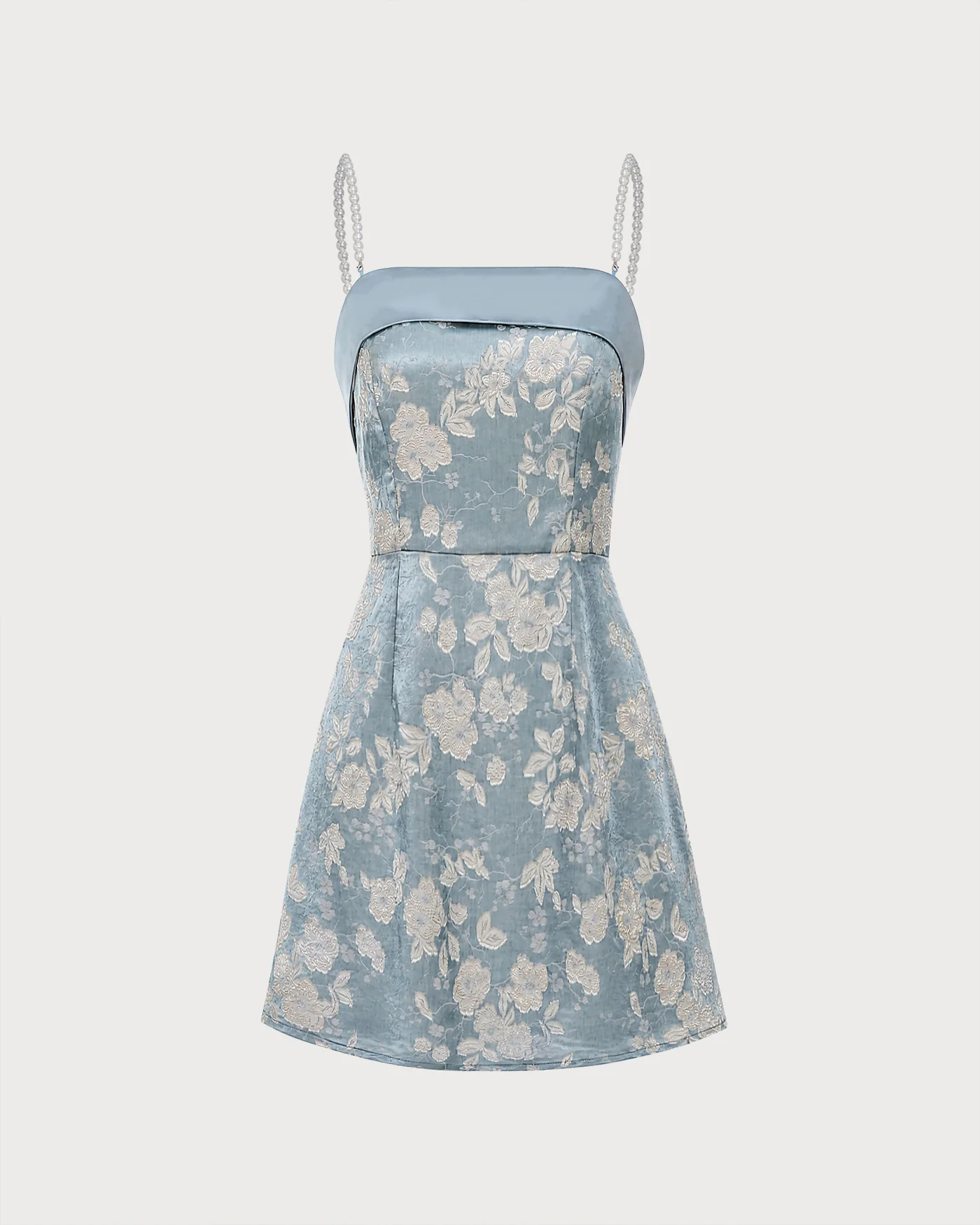 Blue Square Neck Pearl Jacquard Mini Dress - Image 3