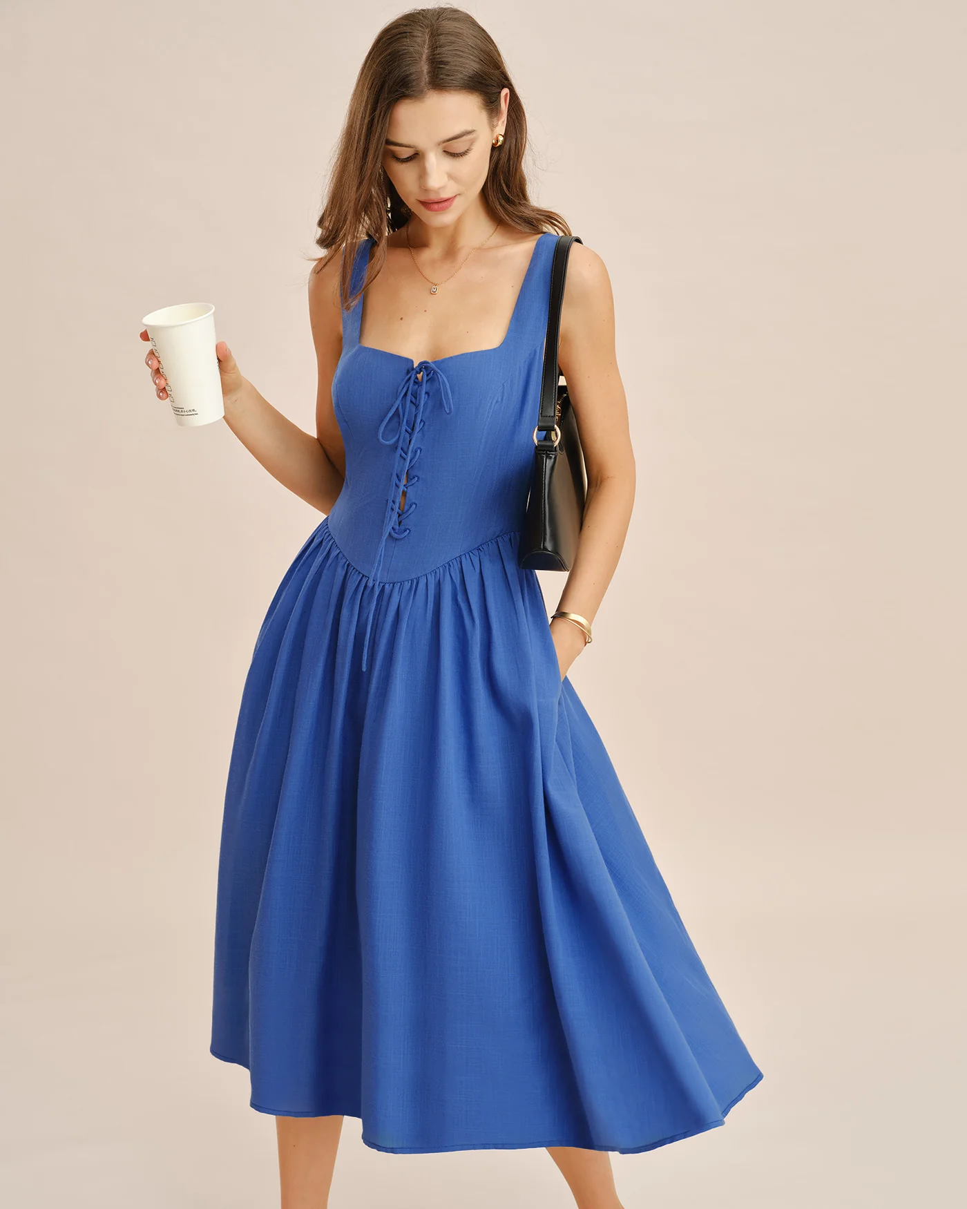 Blue Square Neck Tie Pockets Midi Dress - Image 5