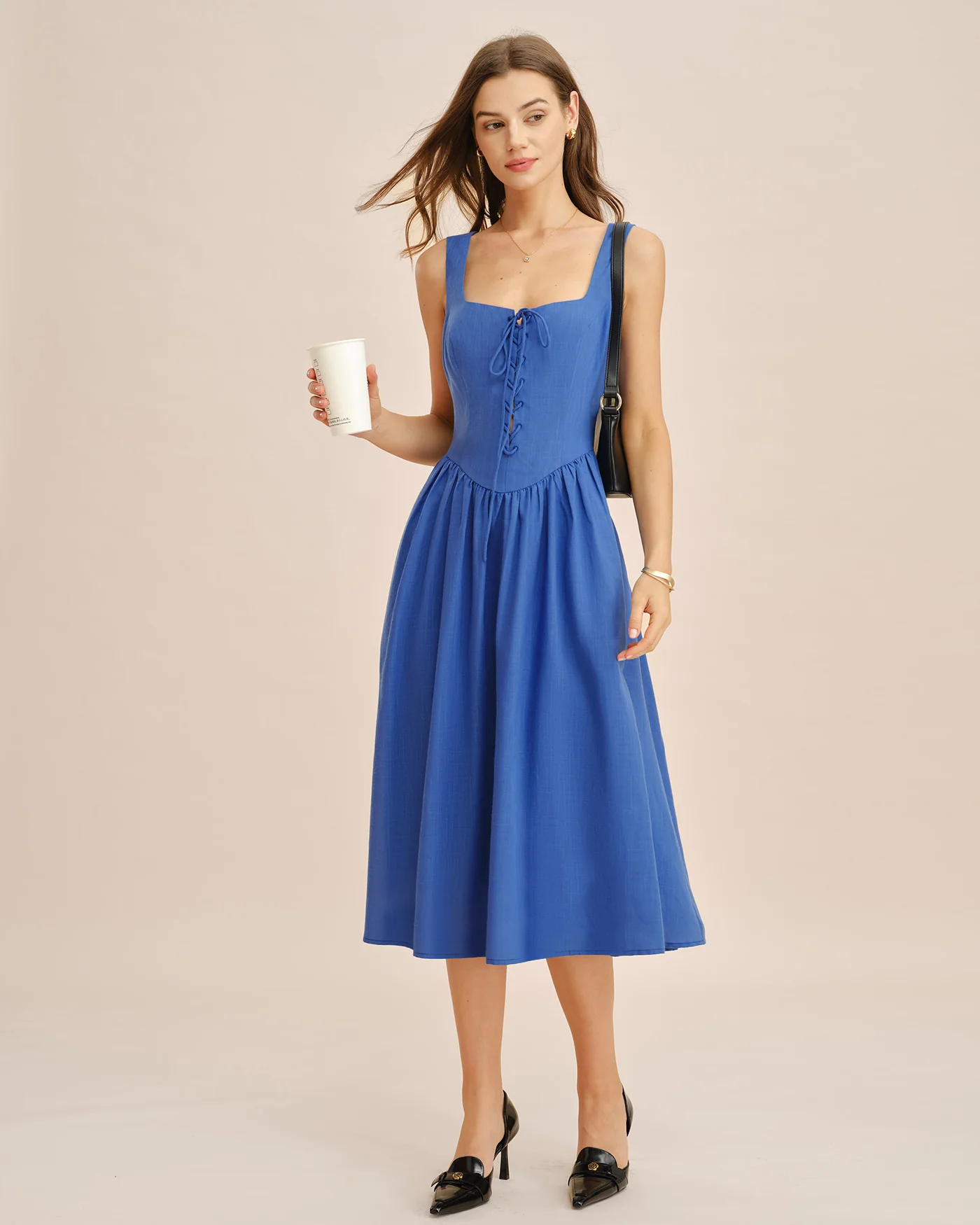 Blue Square Neck Tie Pockets Midi Dress - Image 7