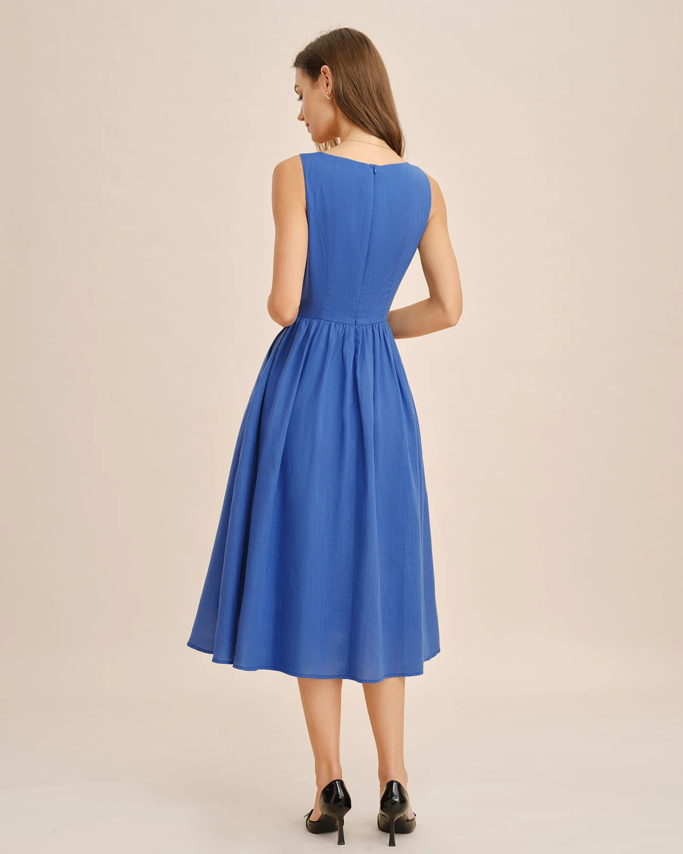 Blue Square Neck Tie Pockets Midi Dress - Image 8