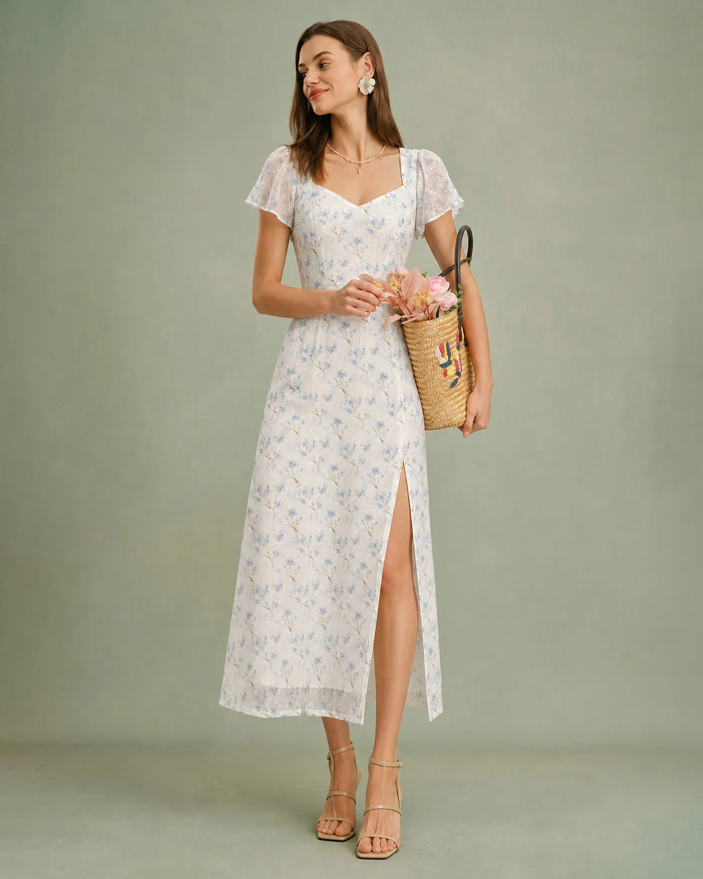 Blue Sweetheart Neck Floral Slit Maxi Dress - Image 2
