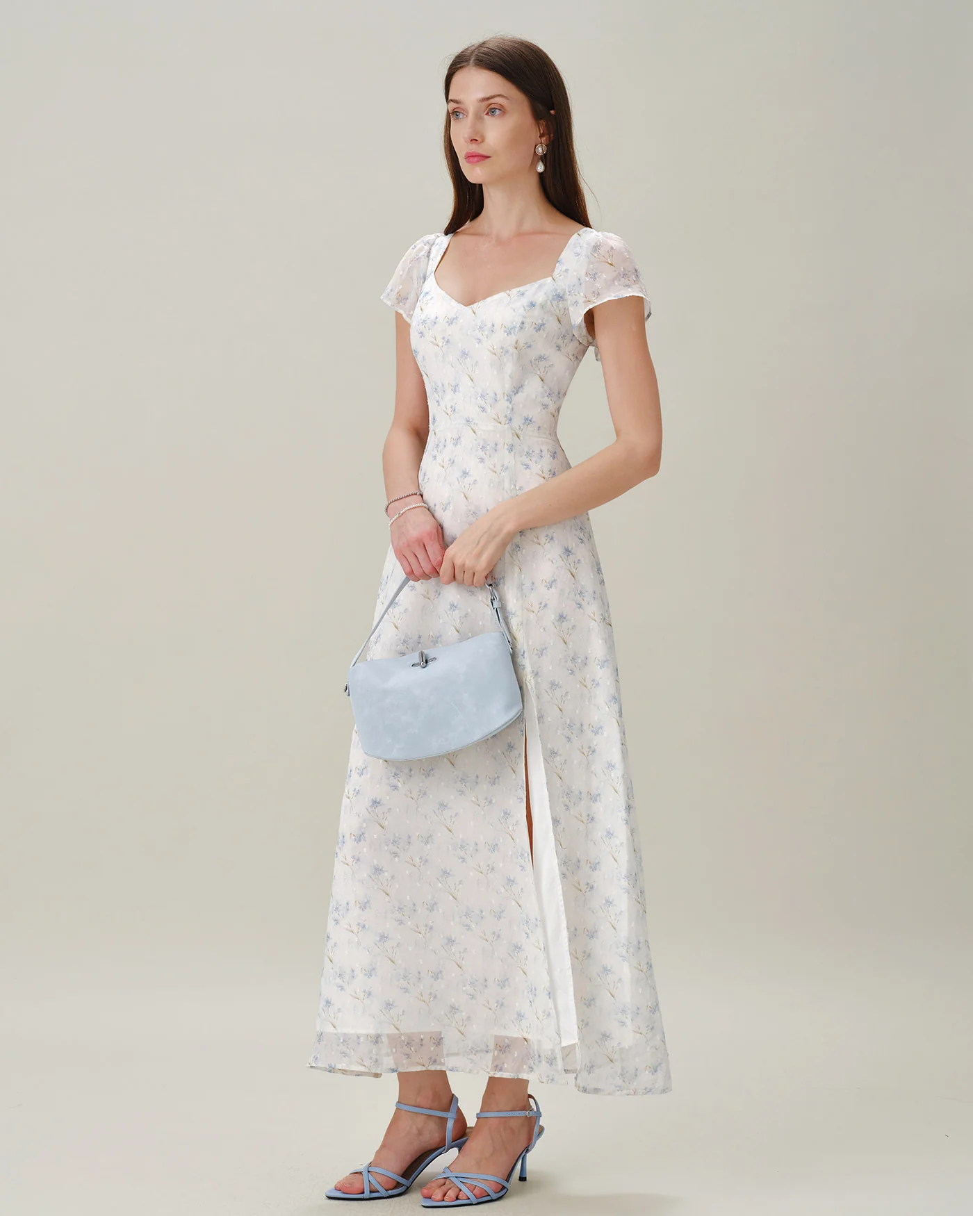 Blue Sweetheart Neck Floral Slit Maxi Dress - Image 3