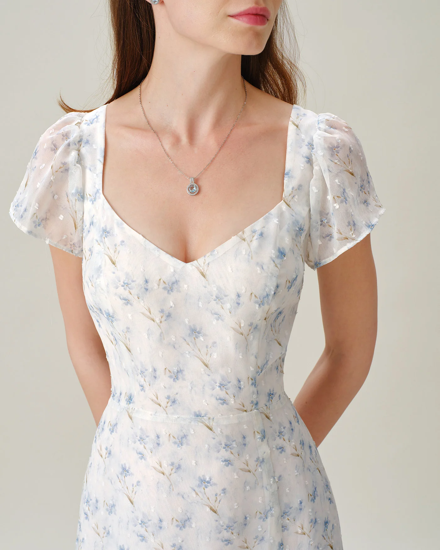 Blue Sweetheart Neck Floral Slit Maxi Dress - Image 4