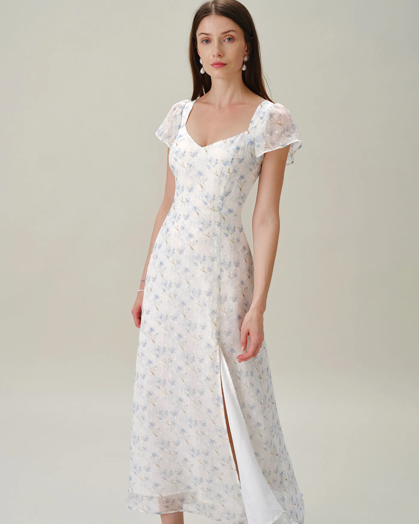Blue Sweetheart Neck Floral Slit Maxi Dress - Image 5