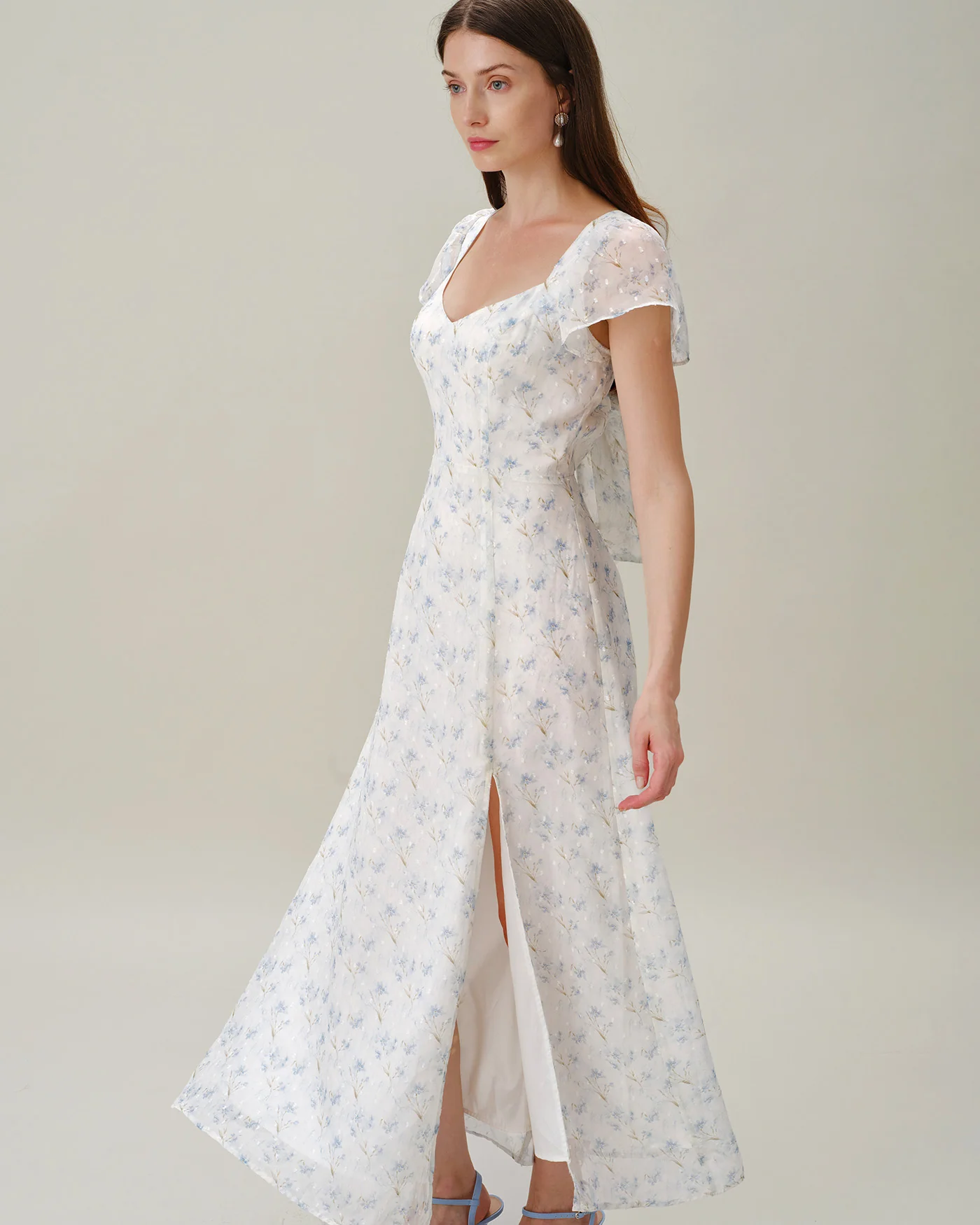 Blue Sweetheart Neck Floral Slit Maxi Dress - Image 6