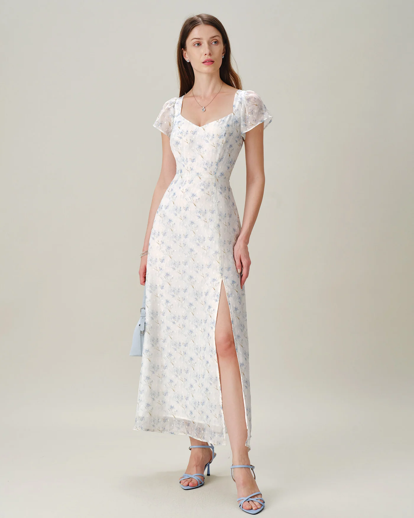 Blue Sweetheart Neck Floral Slit Maxi Dress - Image 8