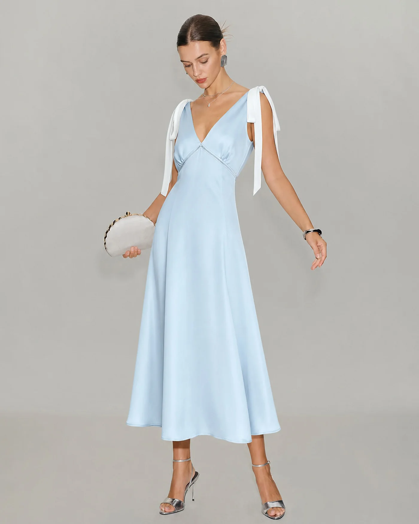 Blue V Neck Cut Out Satin Midi Dress - Image 3