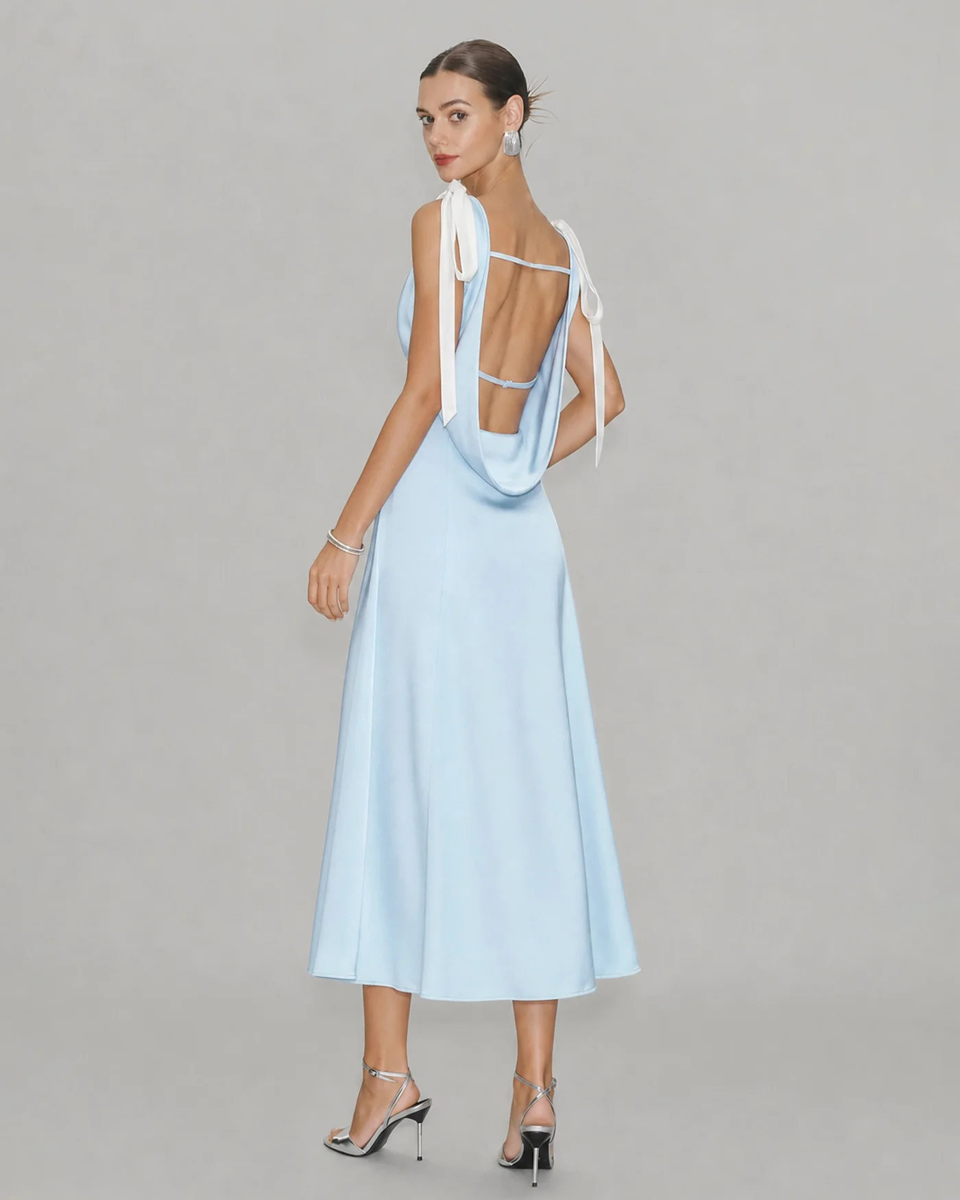 Blue V Neck Cut Out Satin Midi Dress - Image 4