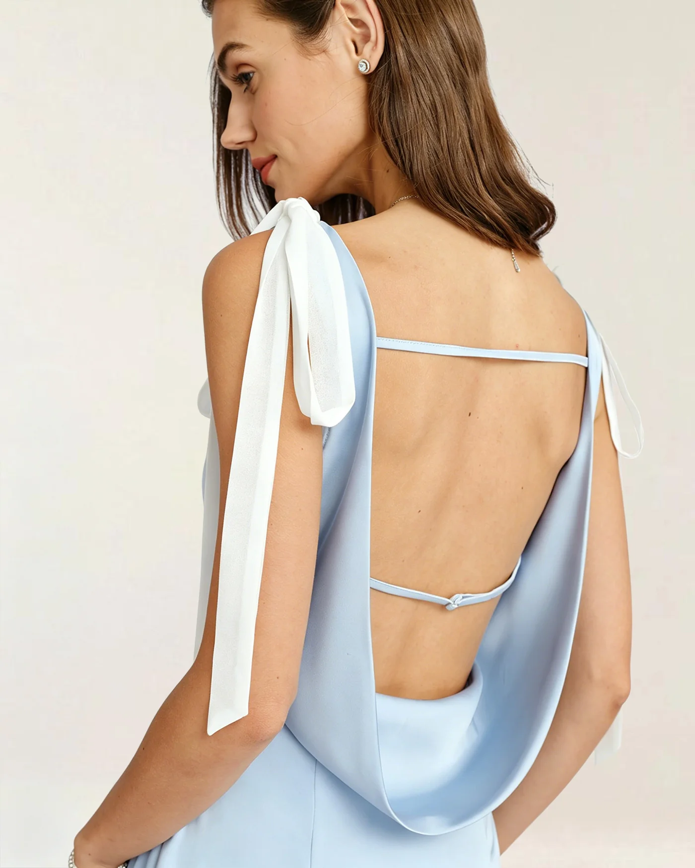 Blue V Neck Cut Out Satin Midi Dress - Image 5